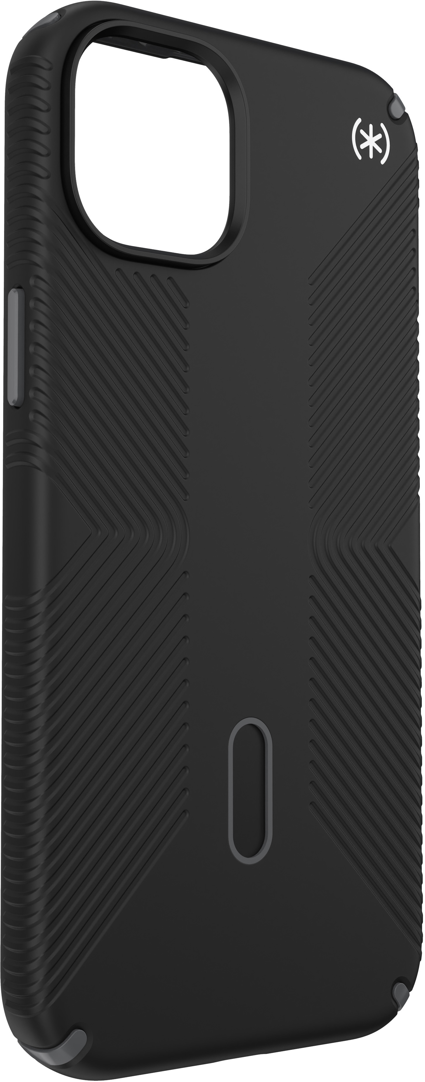 Custodia nera per telefono con linee diagonali strutturate.