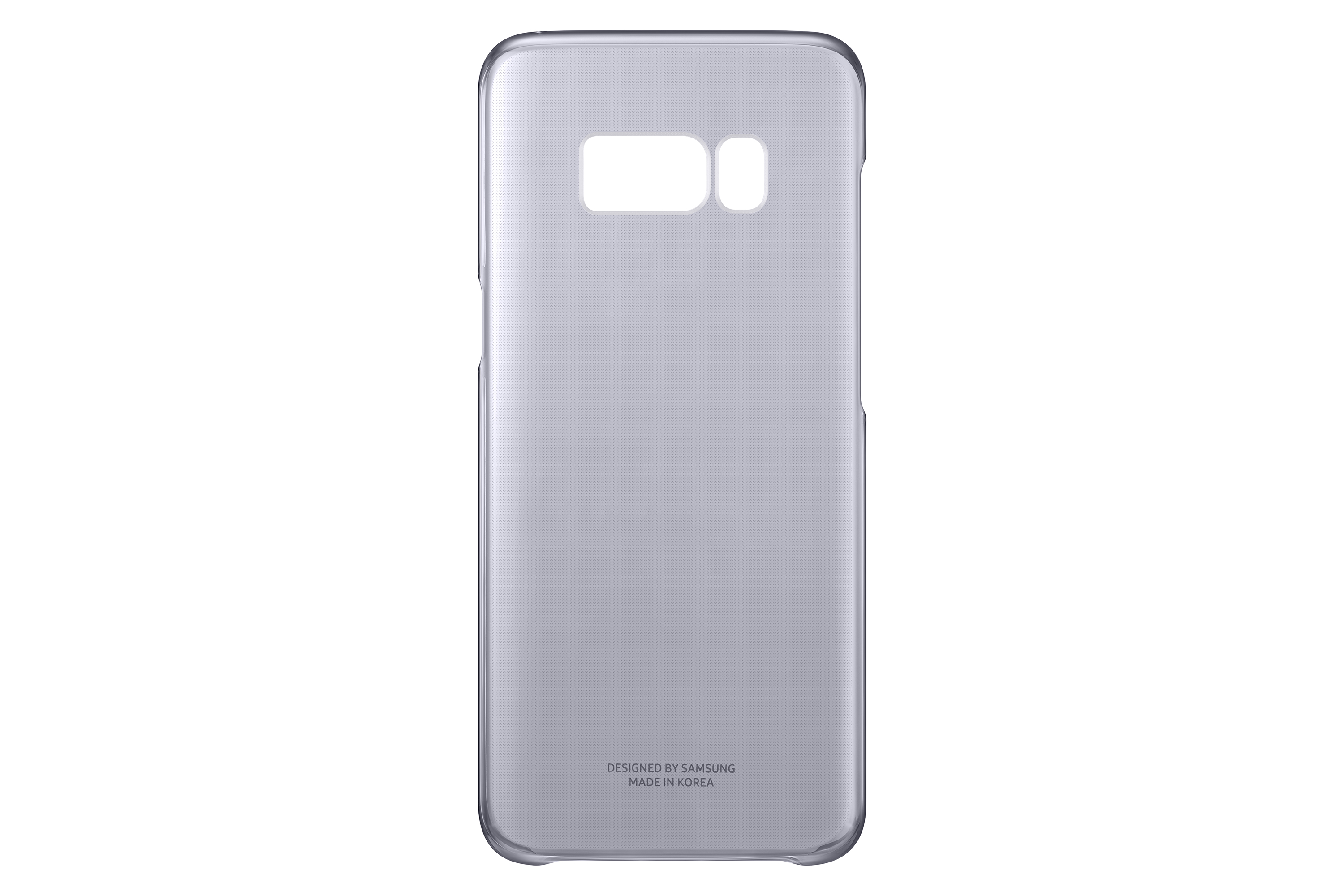 Custodia grigia per telefono con ritaglio per fotocamera e testo 'Designed by Samsung'.