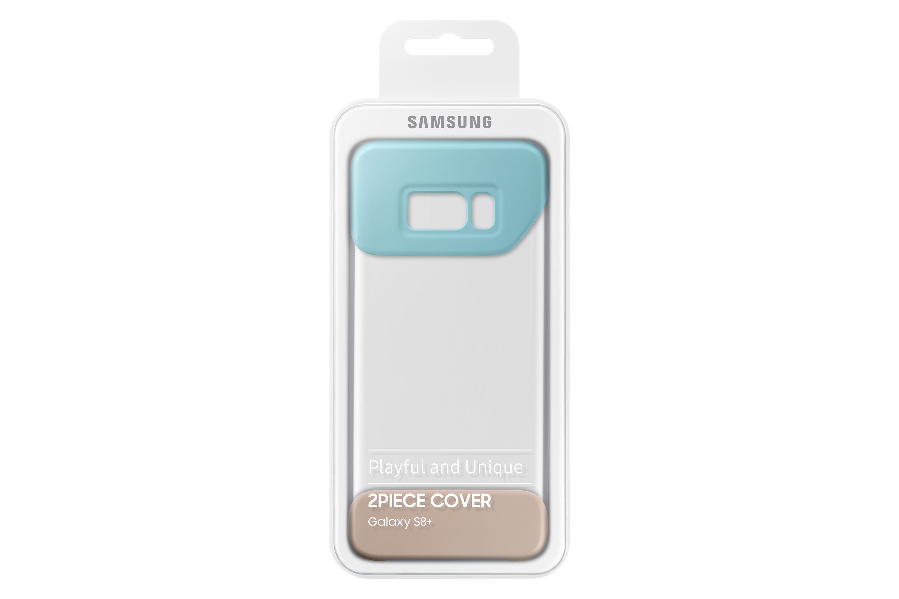 Un paquete blanco de funda para teléfono con un acento azul para un Samsung Galaxy S8+.