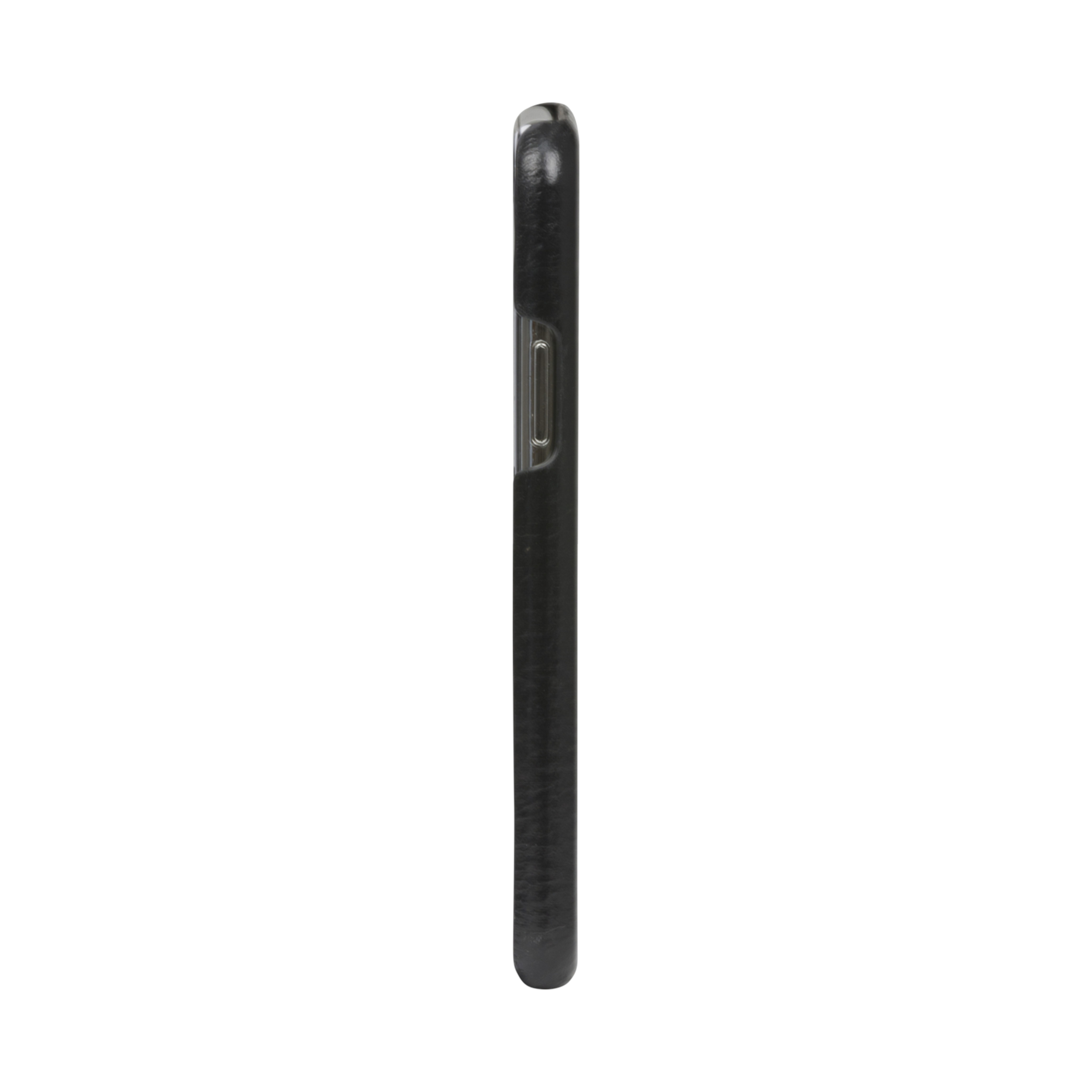 Vista laterale di una custodia per telefono nera. La custodia è semplice e ha un design elegante.