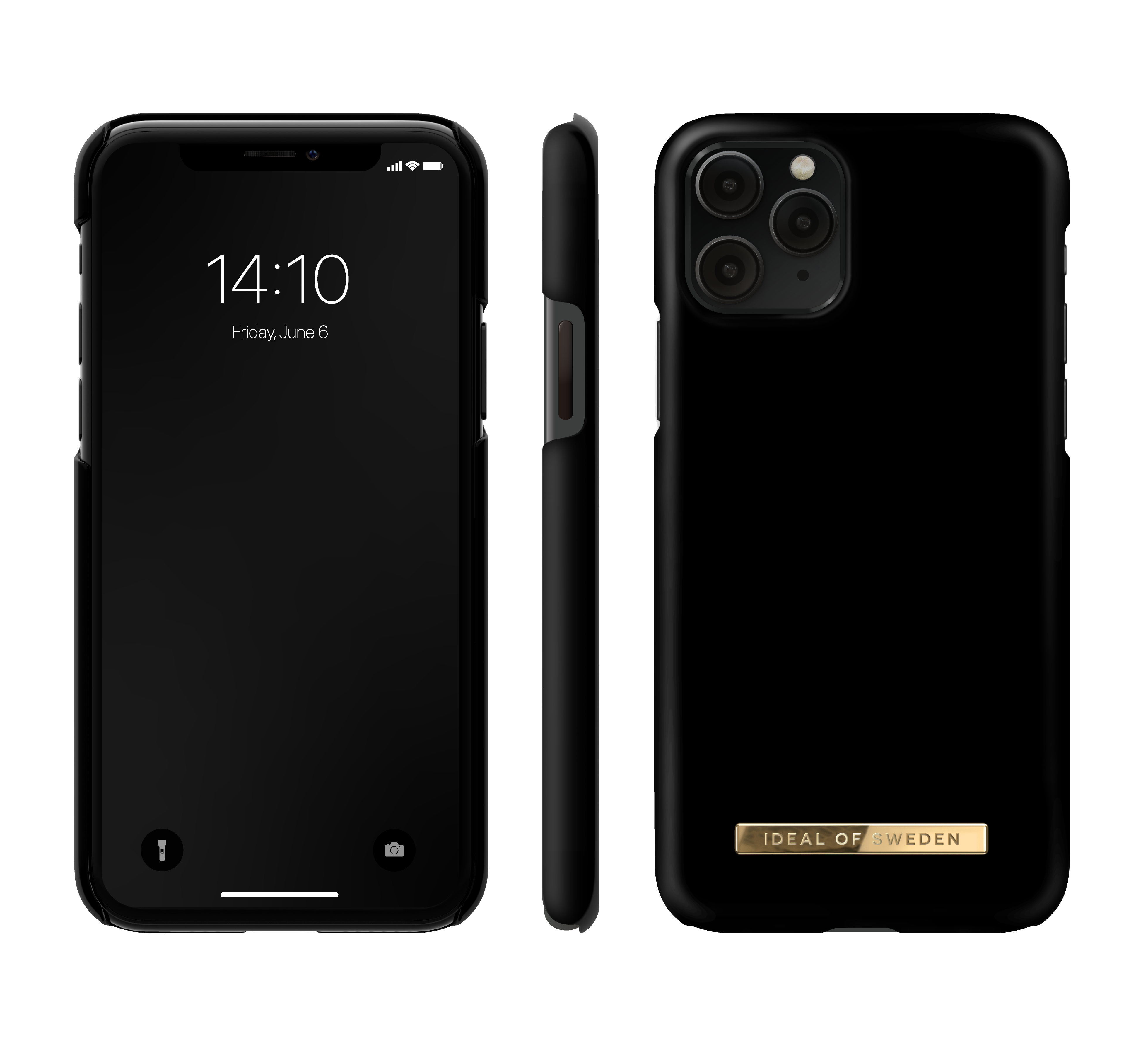 Tre viste di un iPhone nero con custodia nera. Lo schermo mostra l'ora.