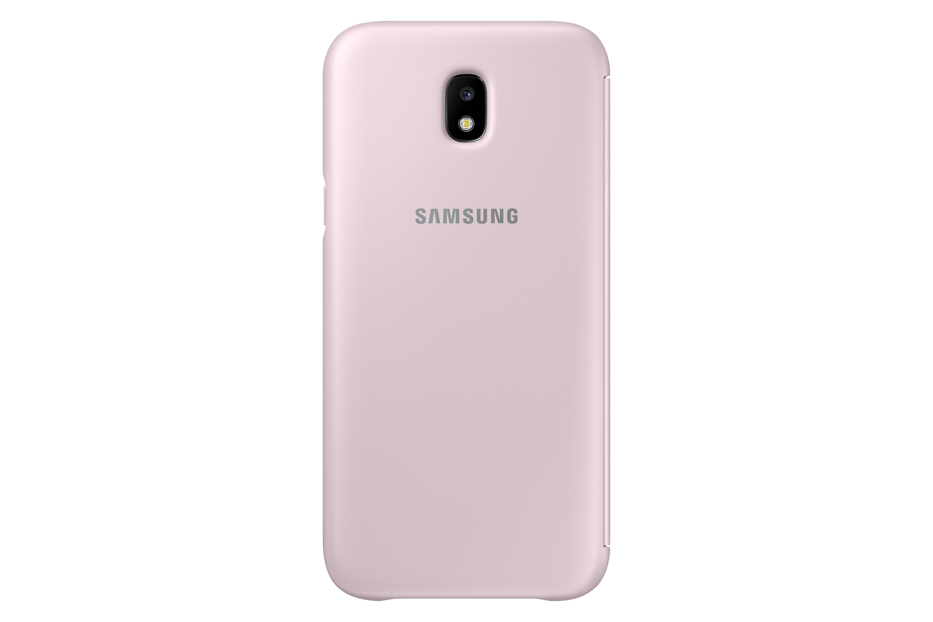 Funda rosa de teléfono Samsung con el logotipo de la marca, en blanco, con cámara.