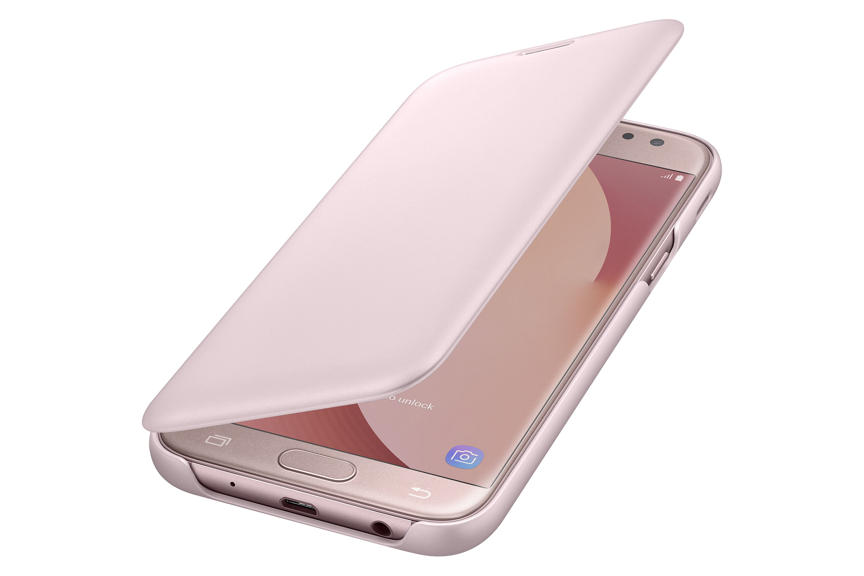 Teléfono con funda rosa abierta que revela la pantalla. La funda es de color rosa claro.