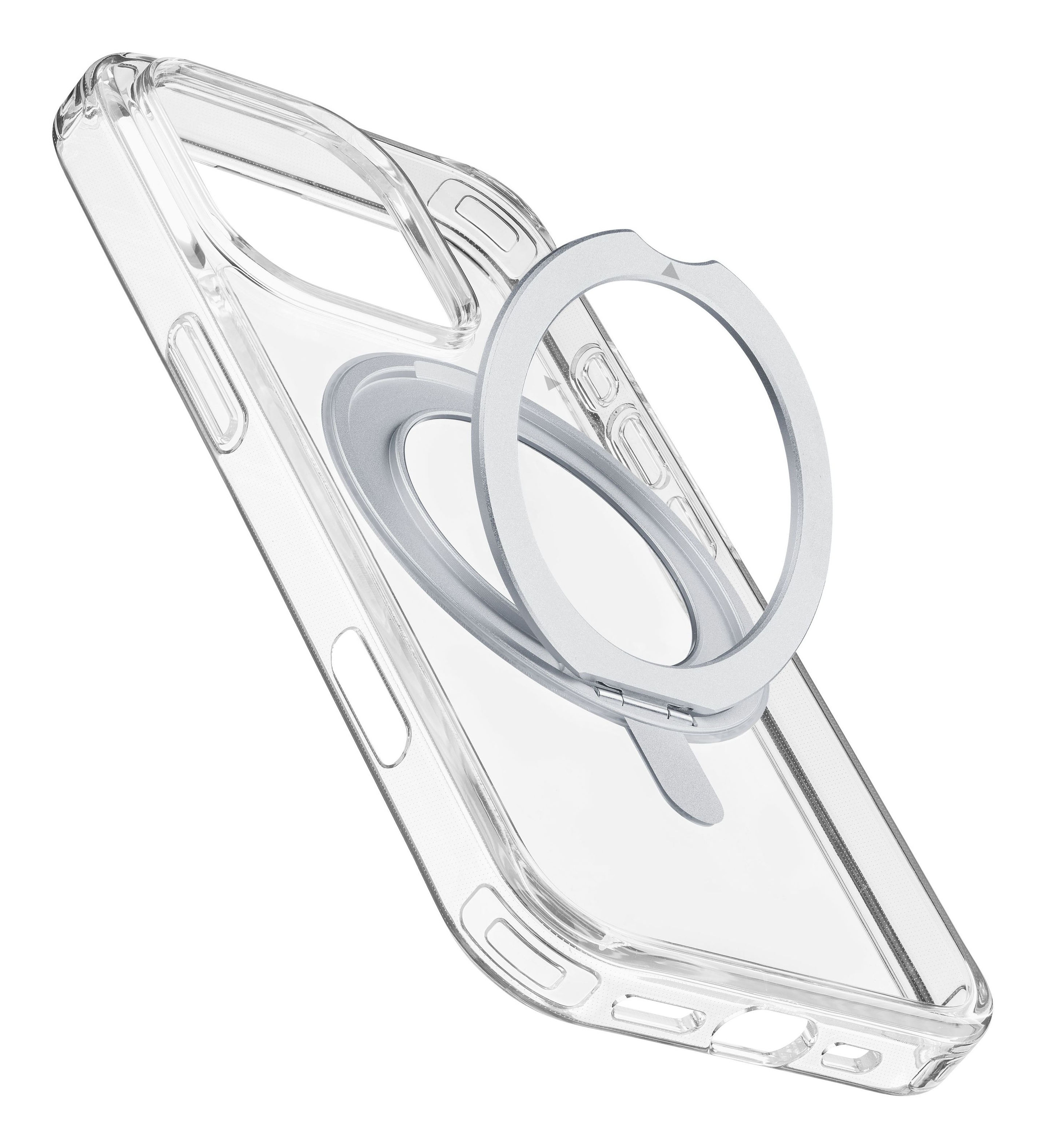 Coque de téléphone transparente avec support d'anneau argenté, vue en angle.