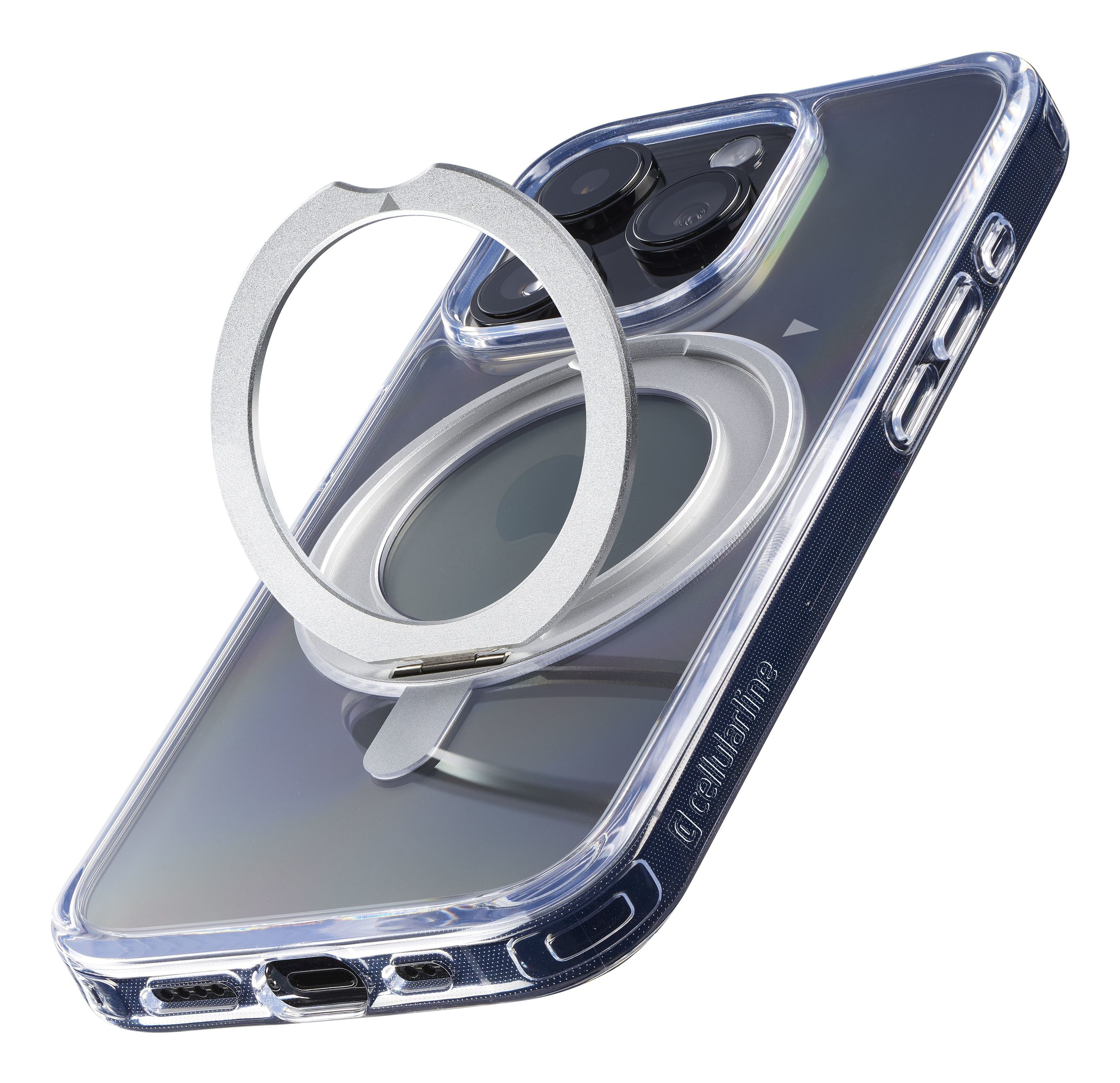 Coque de téléphone avec un support d'anneau argenté, montrant le téléphone et la caméra. Accents bleus visibles.
