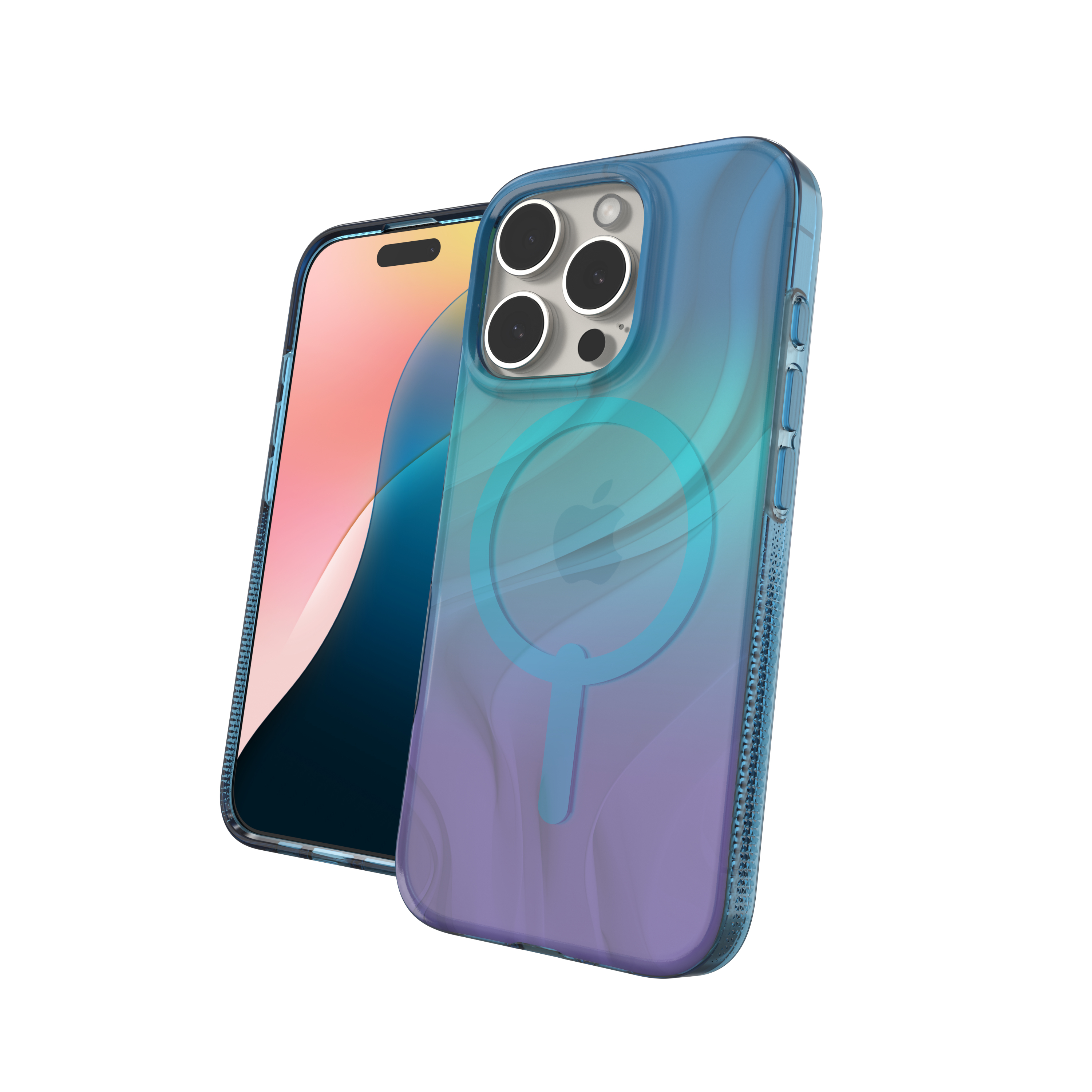 iPhone con custodia trasparente, la custodia ha sfumature blu e viola, il telefono è rosa.