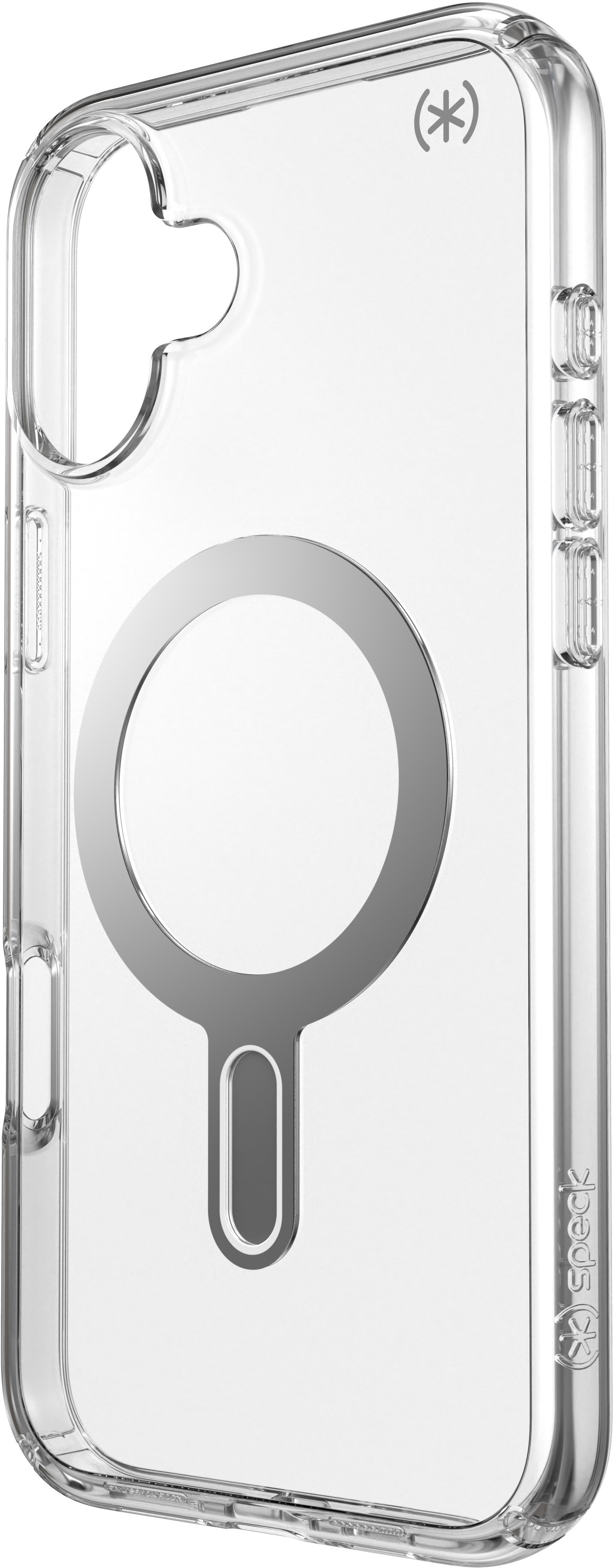Custodia trasparente per telefono con un cerchio magnetico. È una custodia Speck.