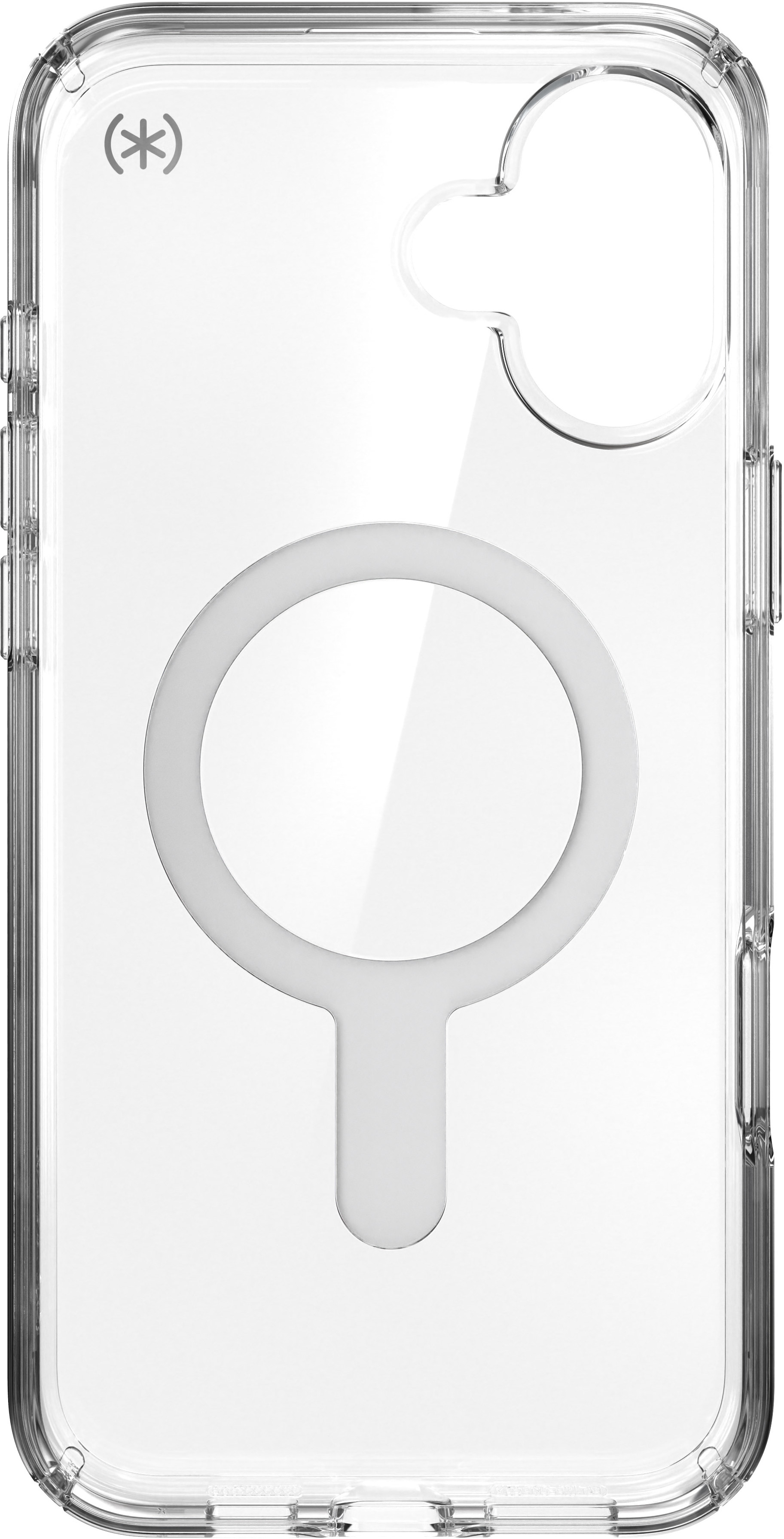 Custodia trasparente con anello MagSafe bianco e logo.