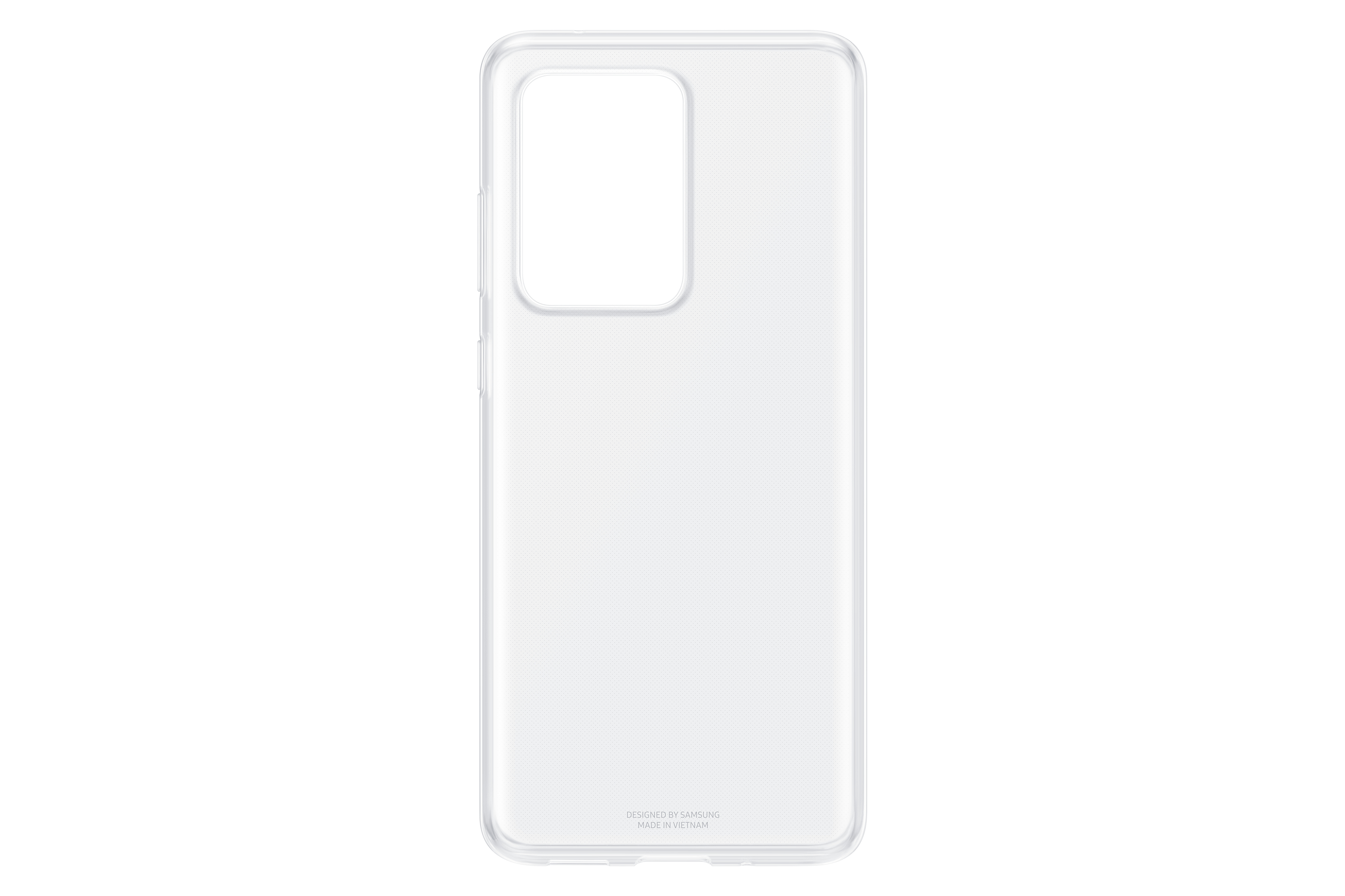 Custodia trasparente per telefono, vista posteriore su superficie bianca, con logo Samsung e area fotocamera.