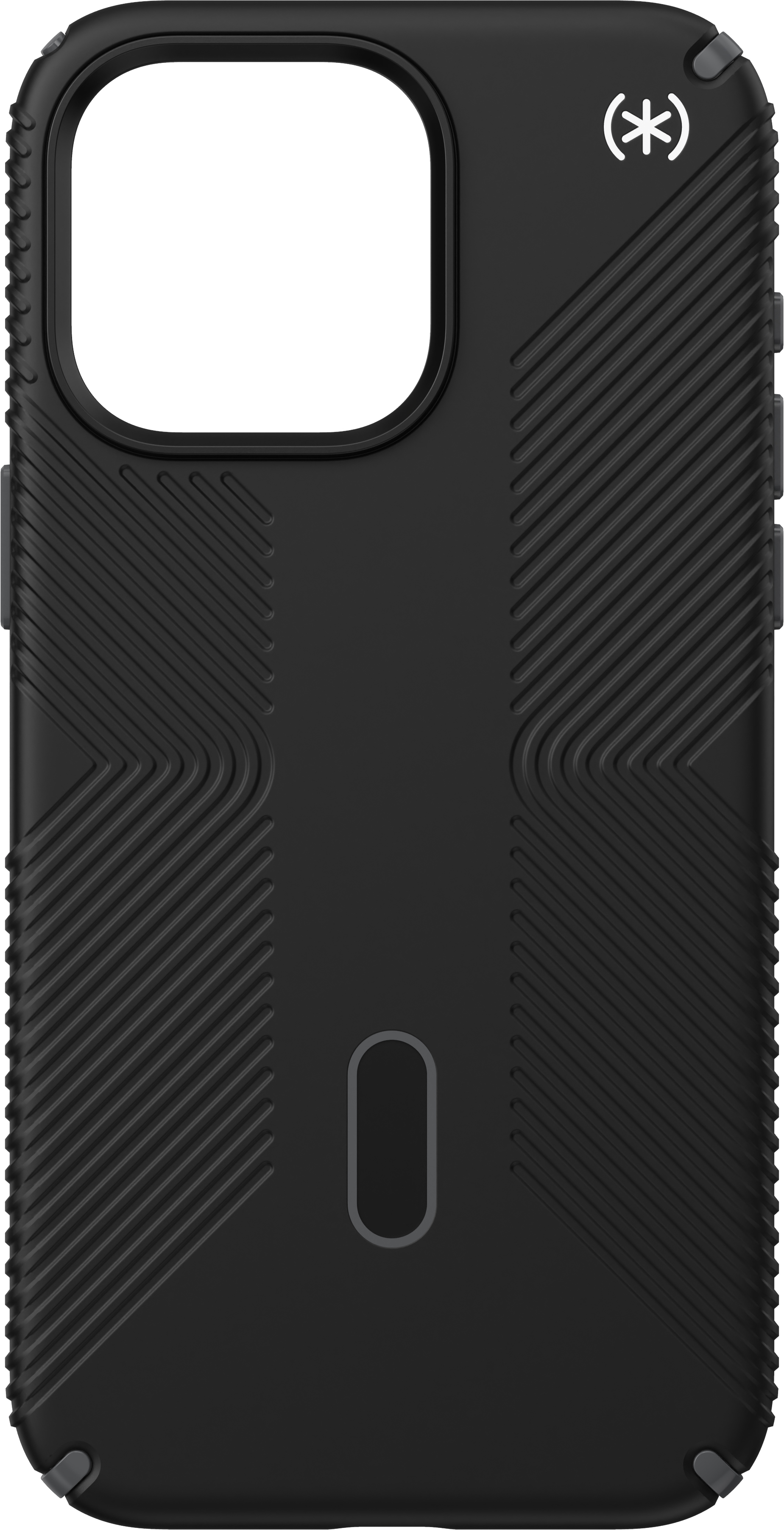 Zwarte telefoonhoes met textuurontwerp. Voorzien van een camera-uitsparing en het speck-logo.