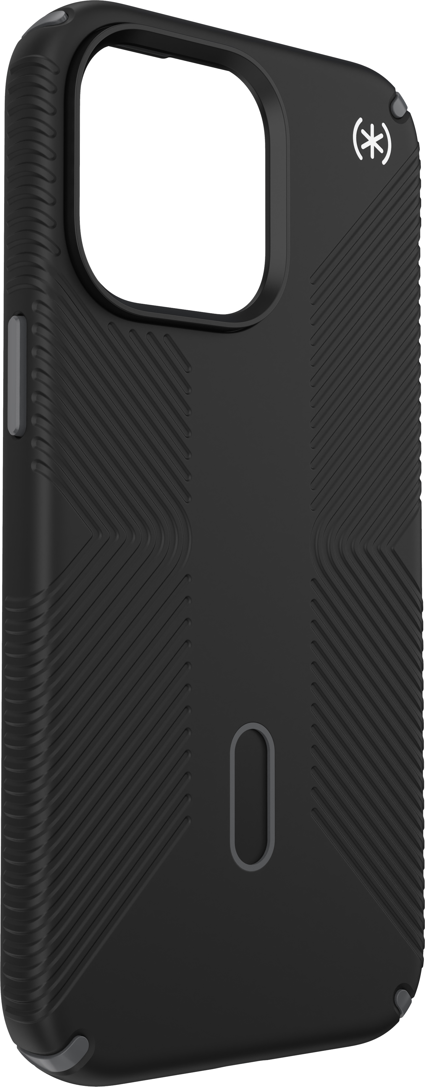 Zwarte telefoonhoes met een textuurontwerp en een klein logo in de hoek.