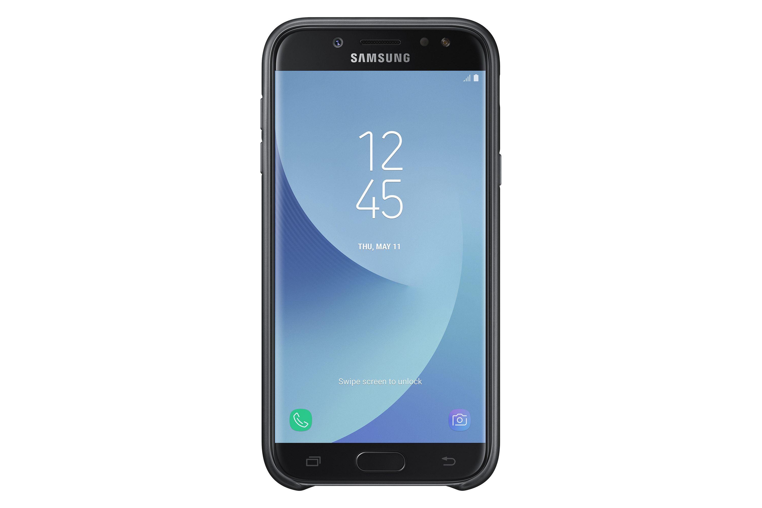 Teléfono Samsung negro, pantalla muestra hora, fecha y fondo azul y blanco.