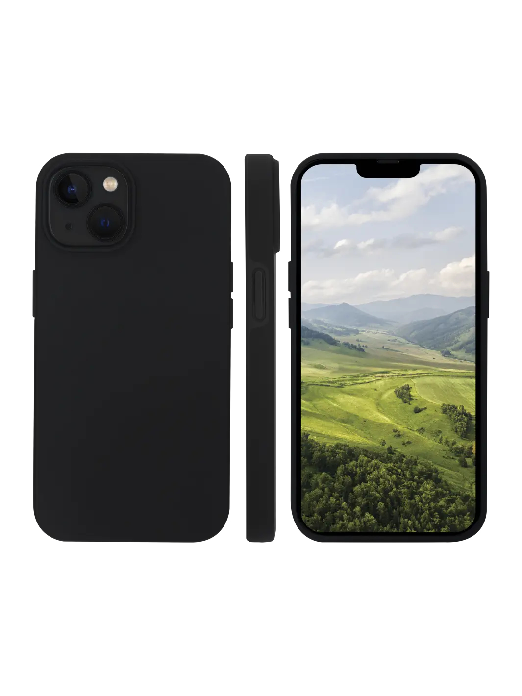 Telefono nero, vista laterale e frontale. Il telefono ha una custodia nera con lenti della fotocamera e uno schermo verde.
