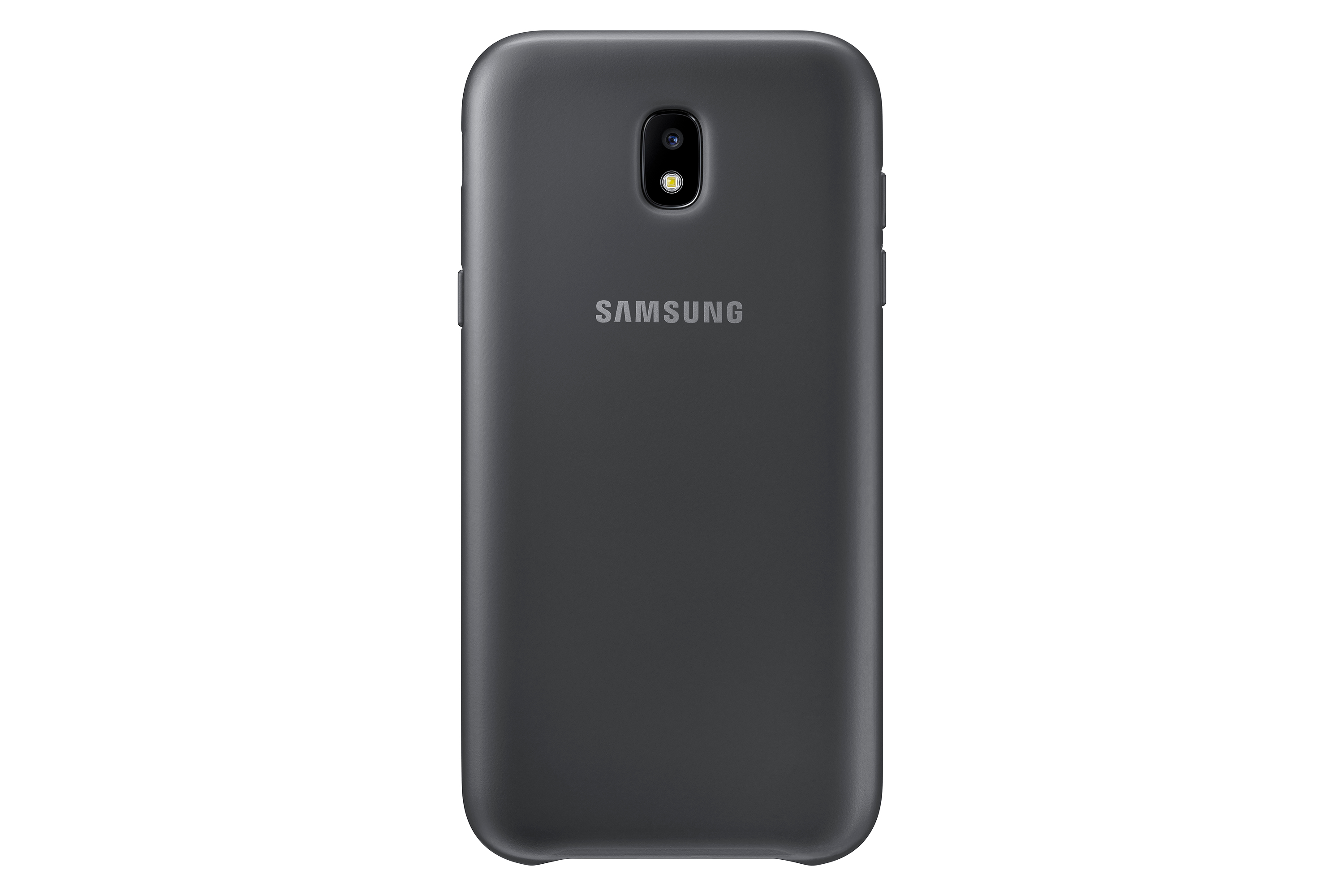 Un teléfono gris oscuro con la palabra SAMSUNG en la parte posterior. Tiene un diseño simple.