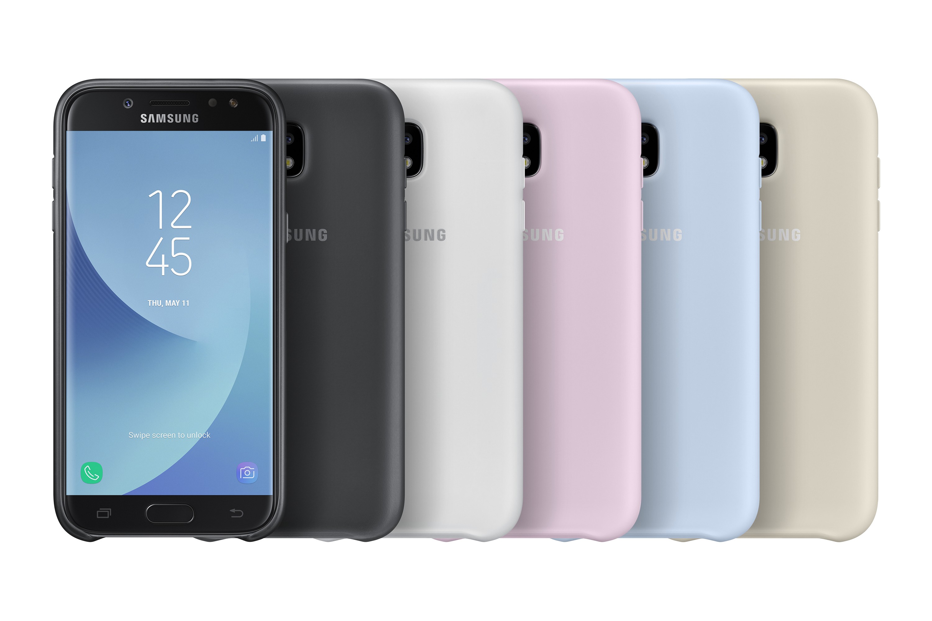 Un smartphone y cinco fundas de teléfono coloridas en negro, blanco, rosa, azul y beige.