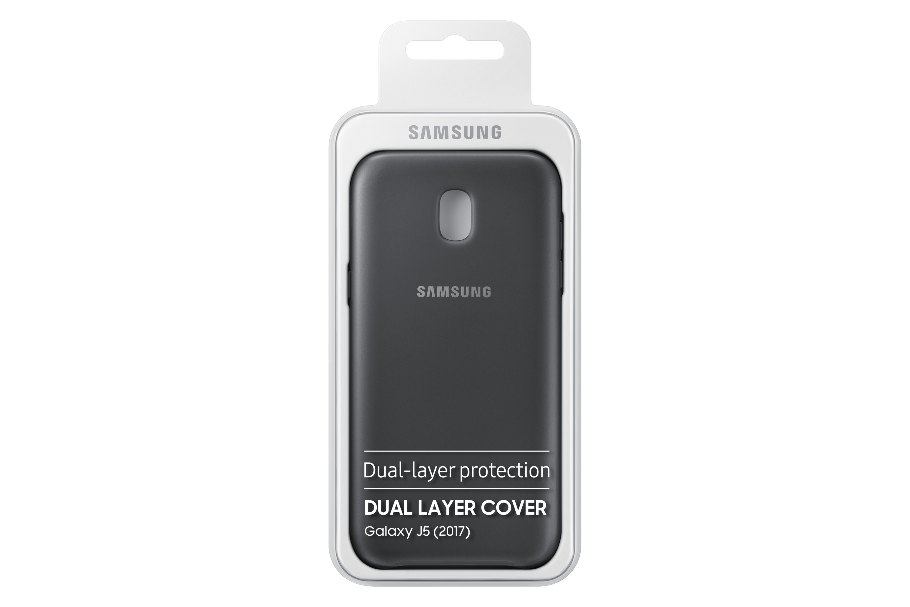 Una funda negra para teléfono en un paquete minorista blanco, texto: 'Dual-layer protection'.