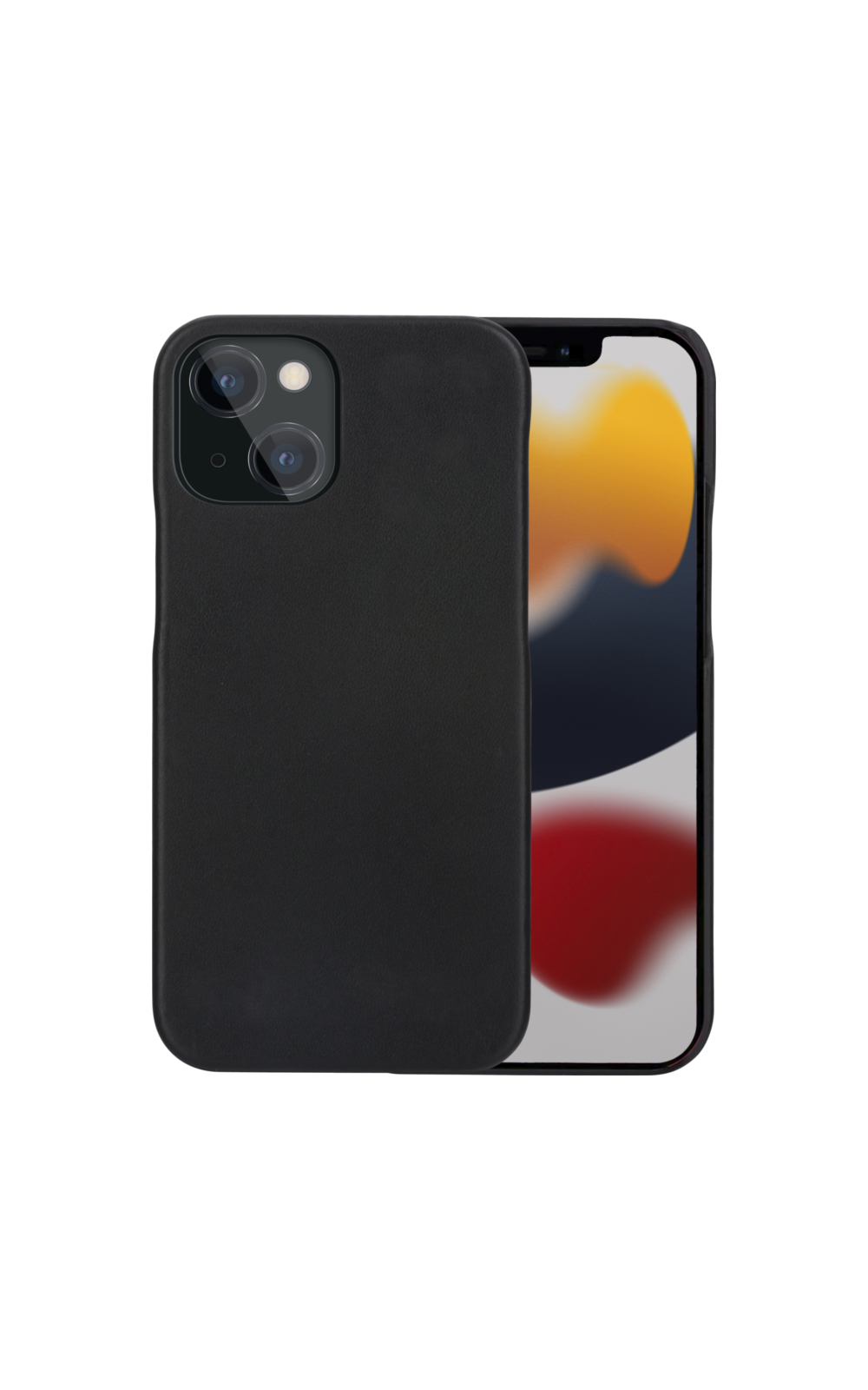 Custodia nera per telefono su sfondo bianco, con un telefono che mostra uno schermo colorato.