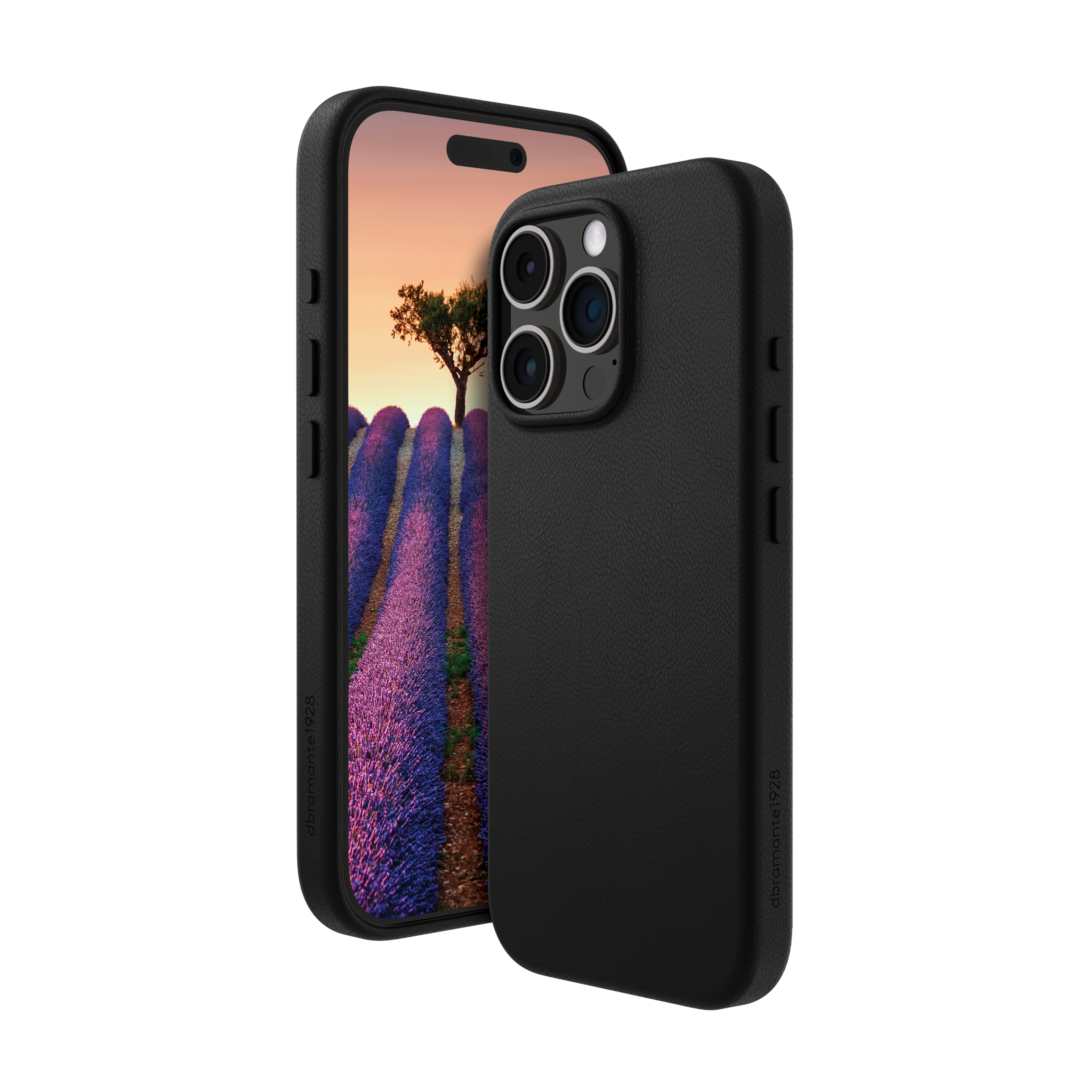 Custodia nera per telefono con un telefono all'interno, che mostra un'immagine di campo di lavanda.