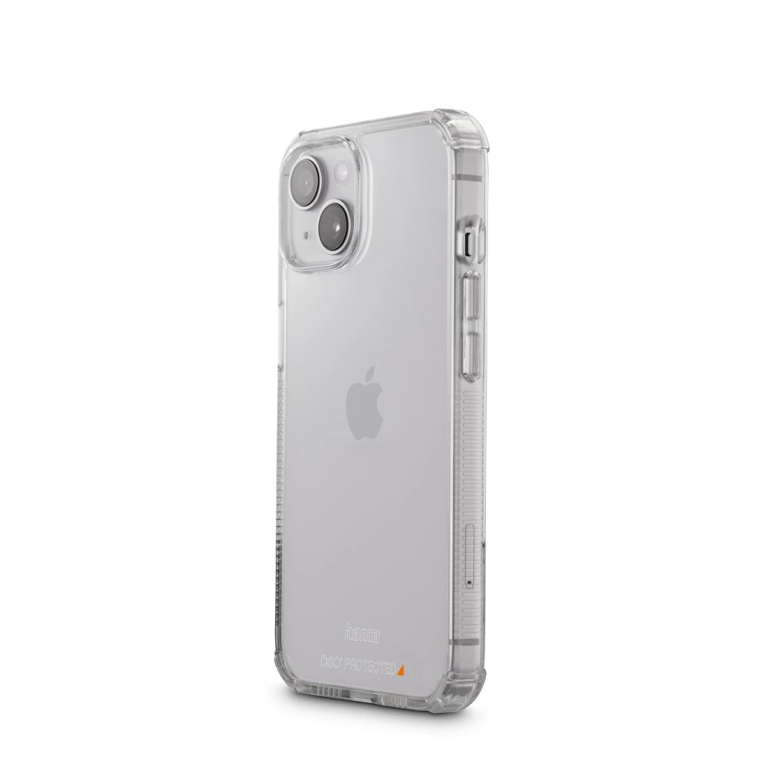 Transparente iPhone-Hülle mit transparentem Rücken und Kameraausschnitt, Seitenansicht.