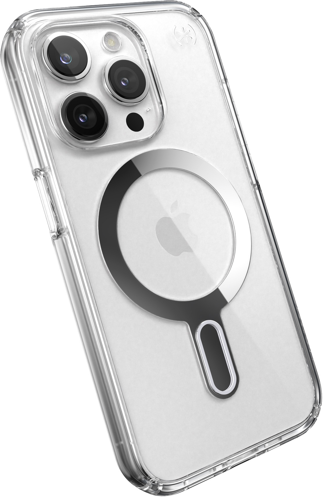 Funda transparente para teléfono con anillo MagSafe. La funda está en ángulo, mostrando el logotipo de Apple.