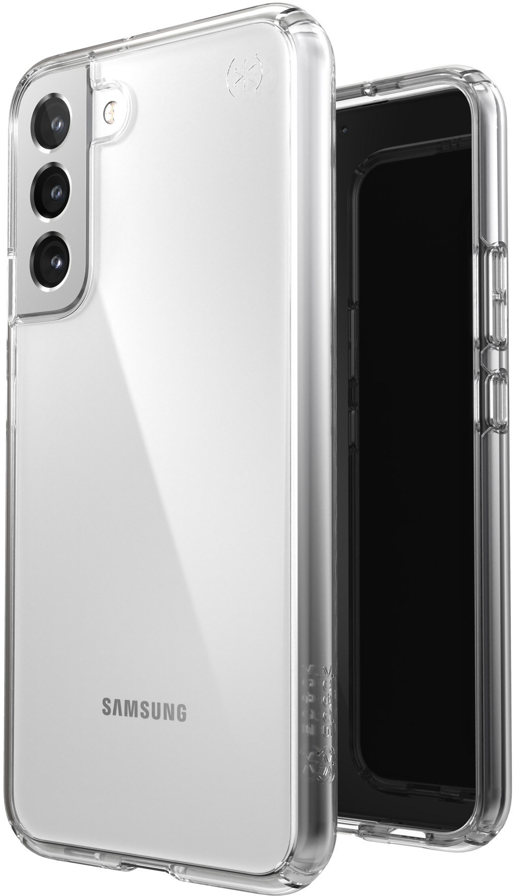 Custodia trasparente per telefono su un telefono Samsung. Il telefono mostra lo schermo. La custodia ha i pulsanti.