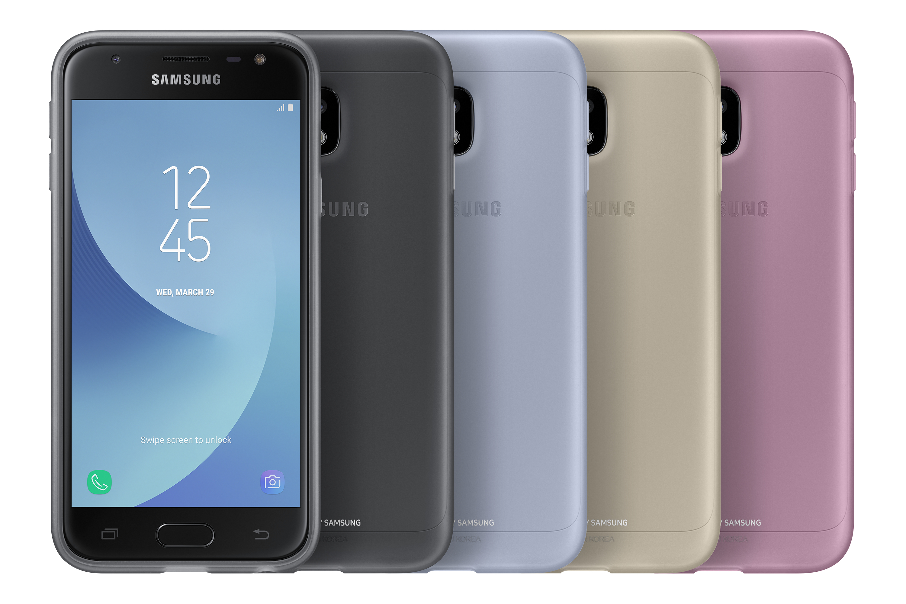 Vengono visualizzati cinque smartphone di diversi colori, uno acceso con l'ora, altri che mostrano la parte posteriore.