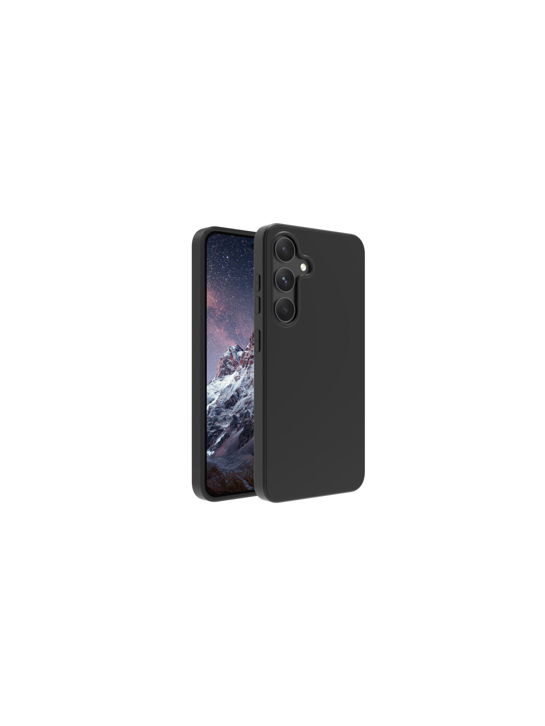 Telefono nero in una custodia nera. Sfondo bianco.