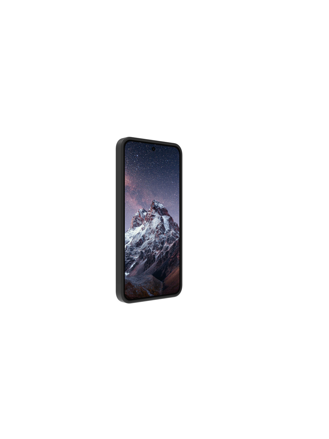 Un telefono nero in una custodia nera che mostra un paesaggio montano sullo schermo.