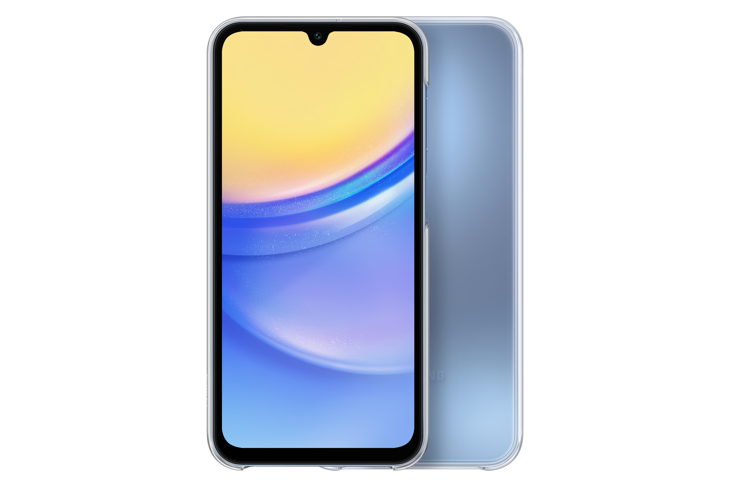 Smartfon z żółto-niebieskim gradientem w tle. Srebrna ramka.
