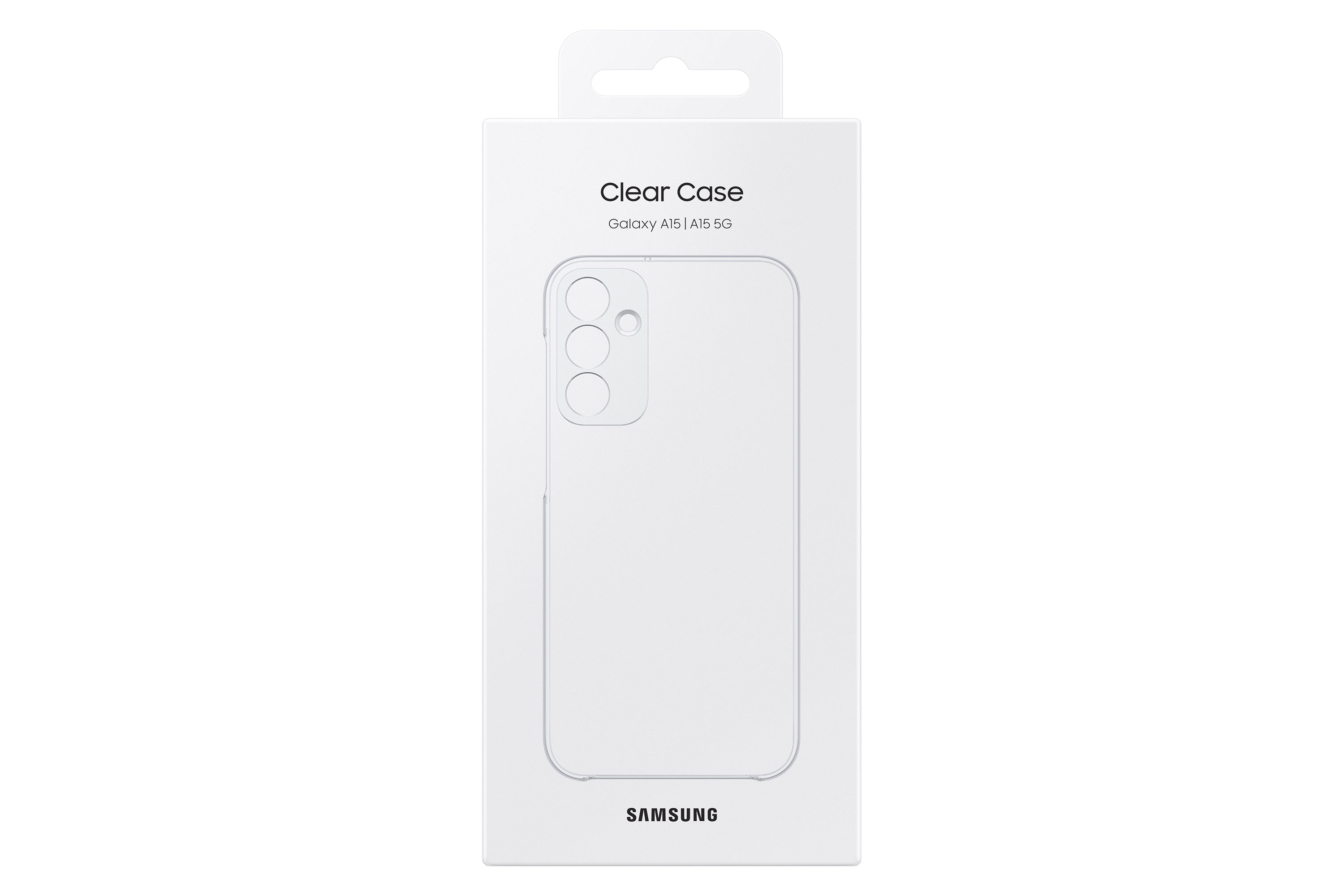Custodia trasparente per telefono in una scatola bianca, con le parole "Clear Case" e "Samsung".