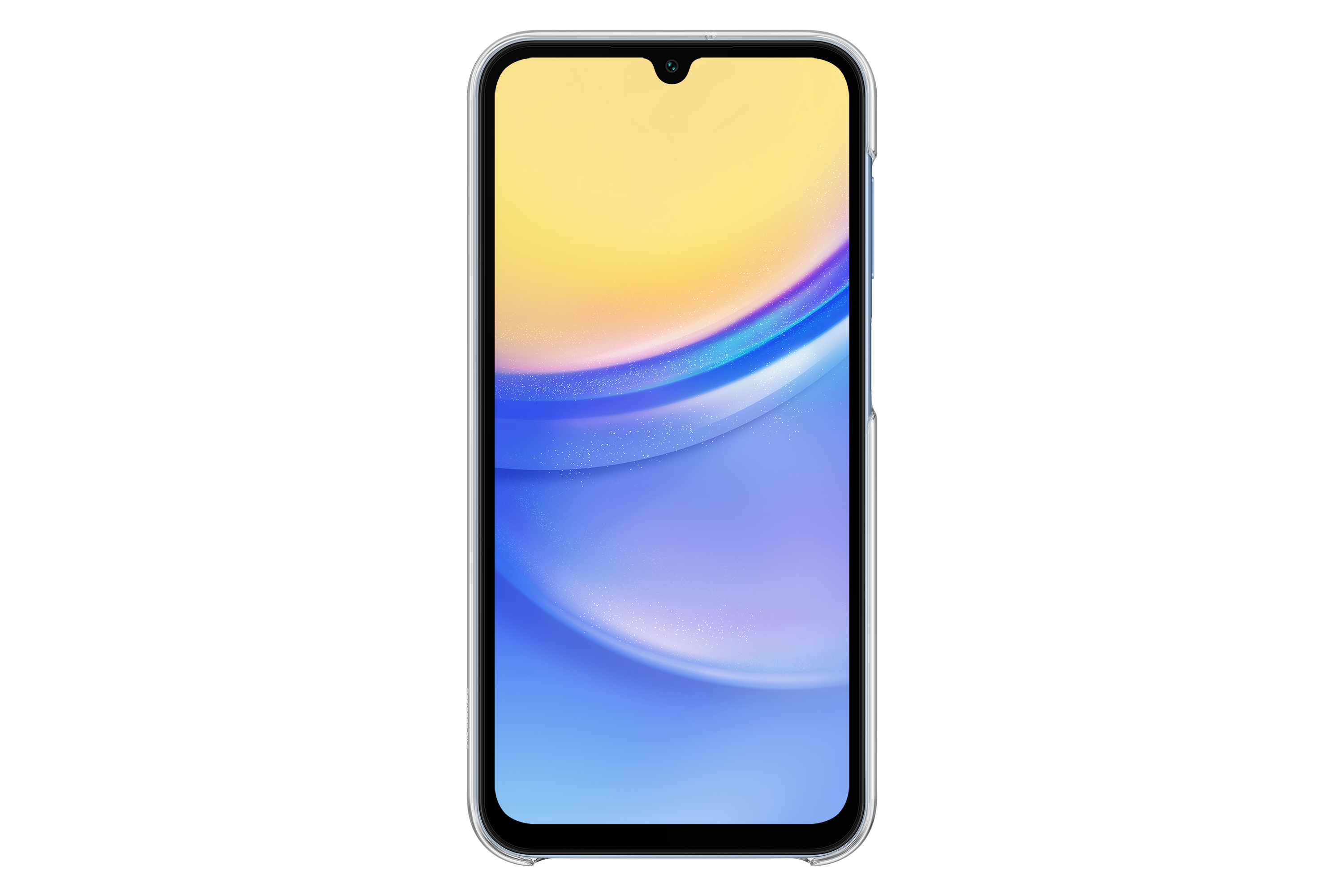 Telefon komórkowy z kolorowym ekranem, w przezroczystym etui ochronnym na białym tle.