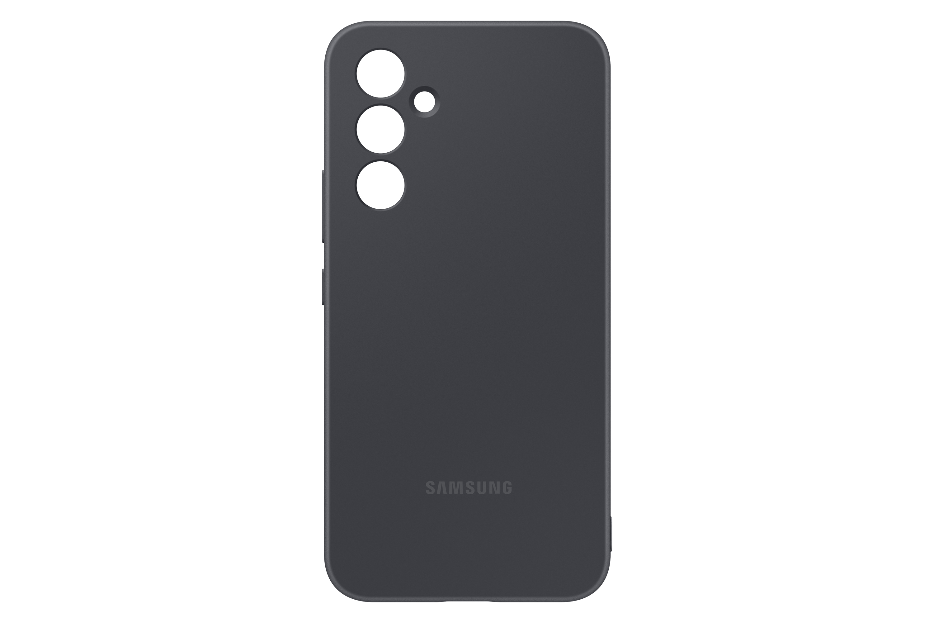 Custodia per telefono grigio scuro con tre fori per fotocamera e logo Samsung. Sfondo bianco.