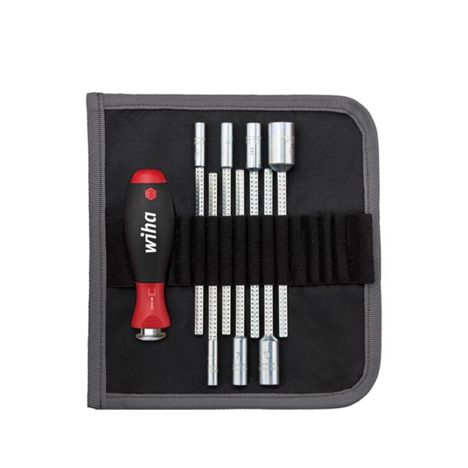 Un juego de herramientas con un destornillador de mango rojo y negro y vasos en una funda negra y gris.