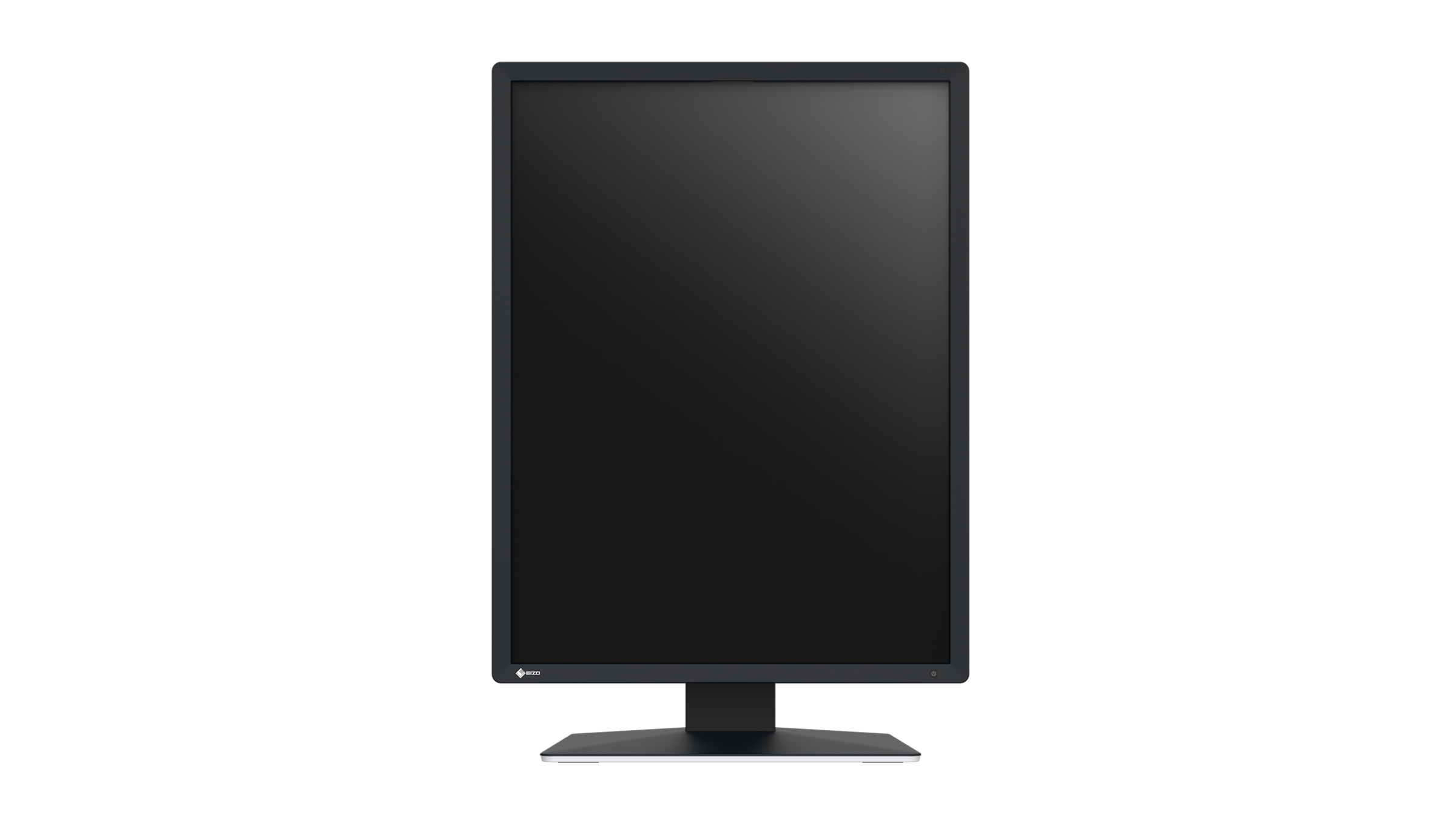 Un monitor nero su sfondo bianco. È uno schermo piatto con un supporto. Lo schermo è spento.