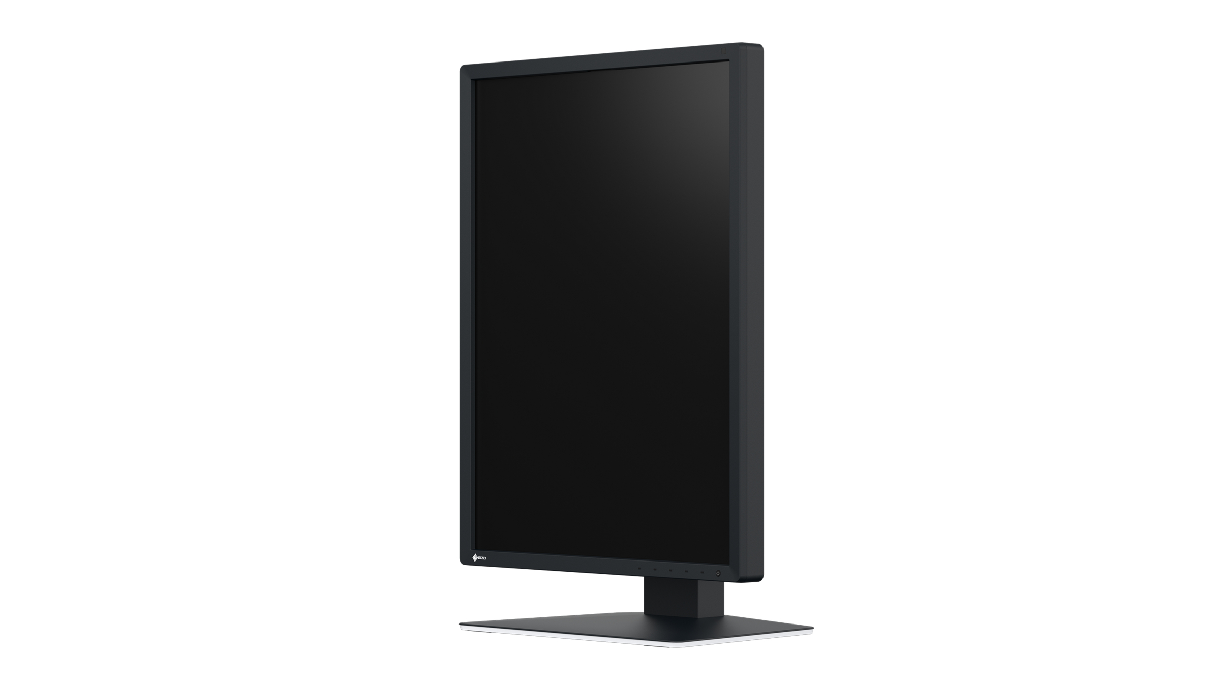 Un monitor per computer nero. Lo schermo e la cornice sono neri. Lo sfondo è bianco.