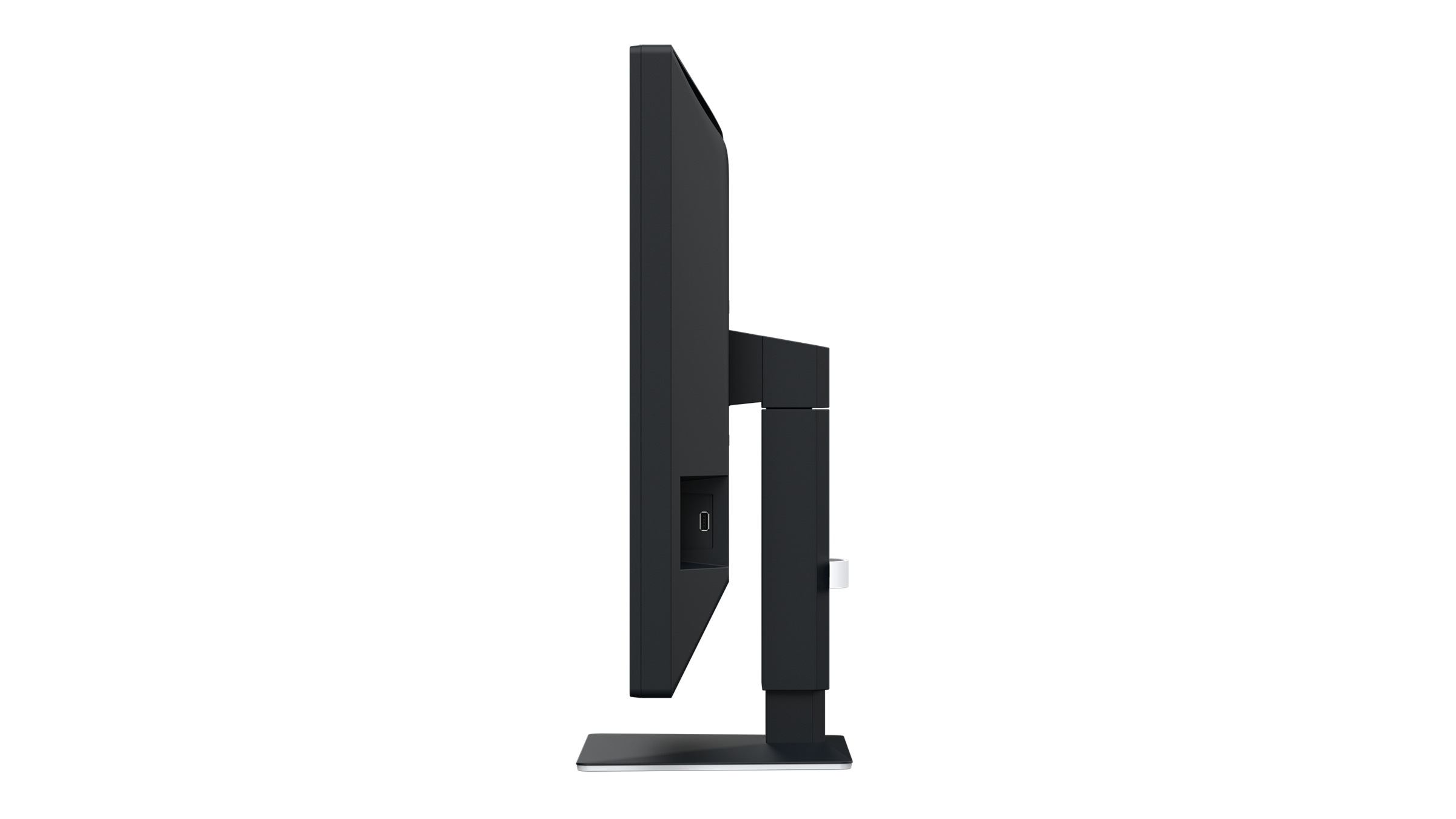 Un monitor del computer nero, vista laterale. Lo schermo è spento. Il monitor è su un supporto argentato.