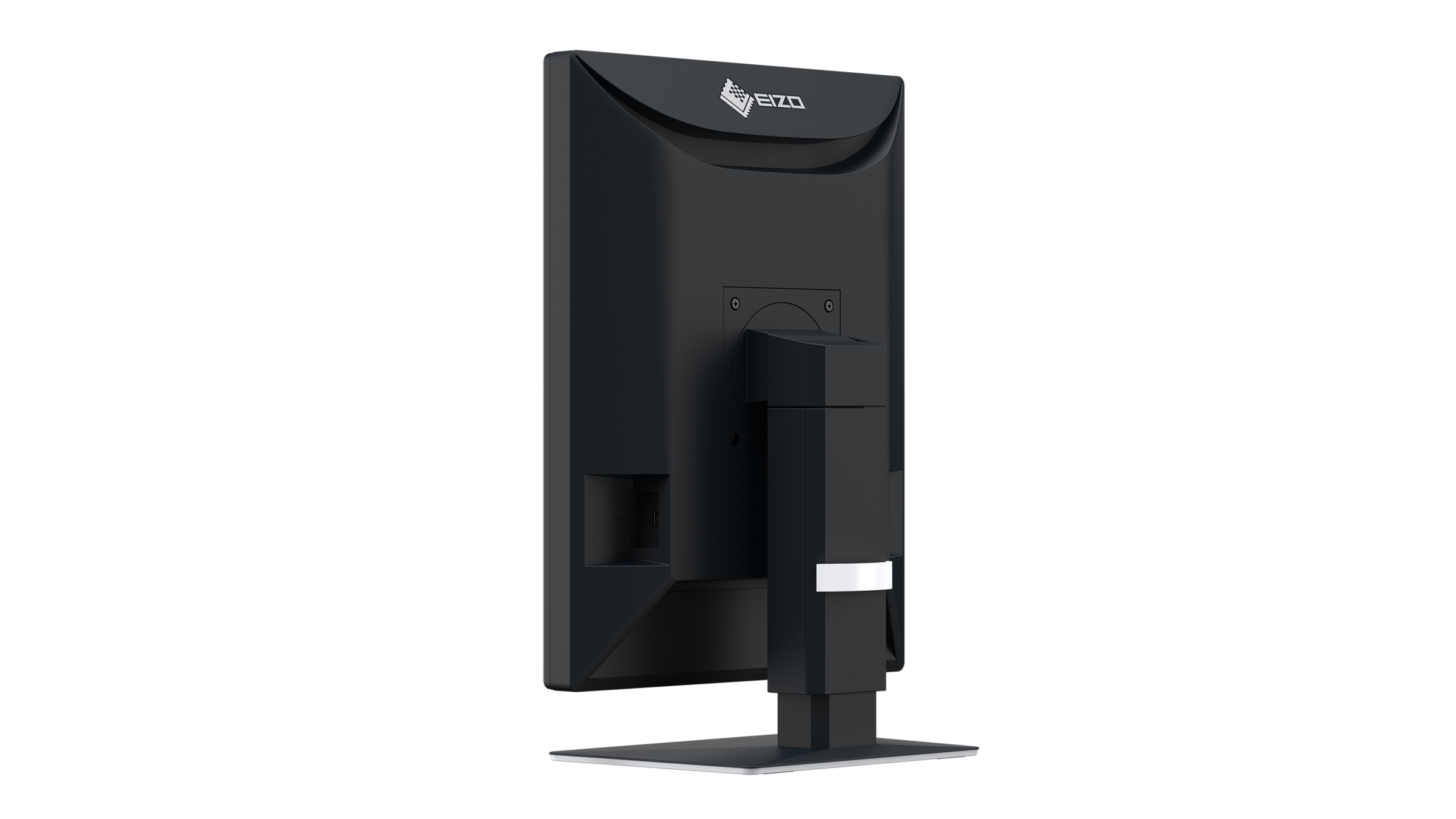 Retro di un monitor nero, con supporto e nome del marchio.