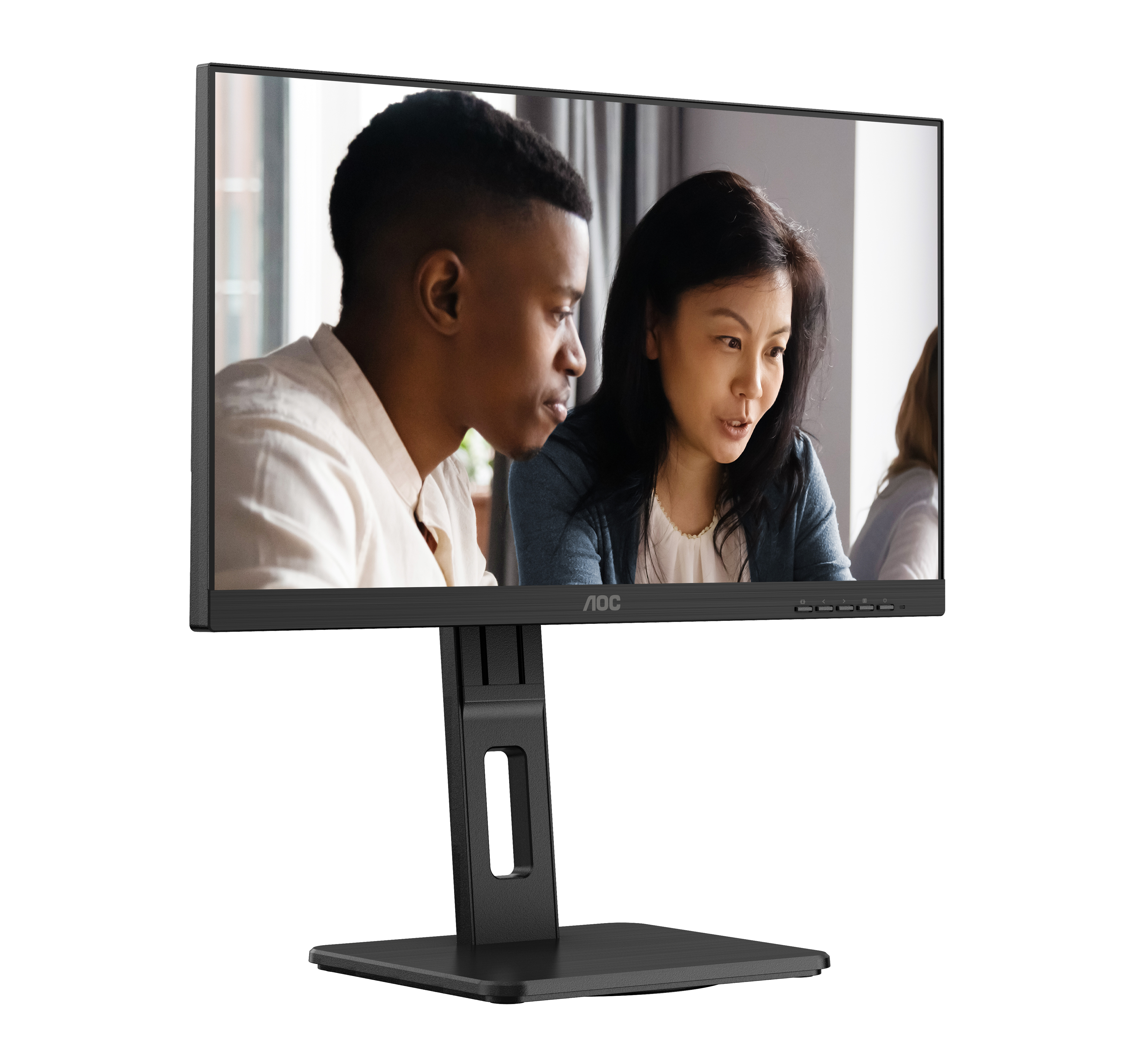 AOC monitor displaying two people looking at the screen.
