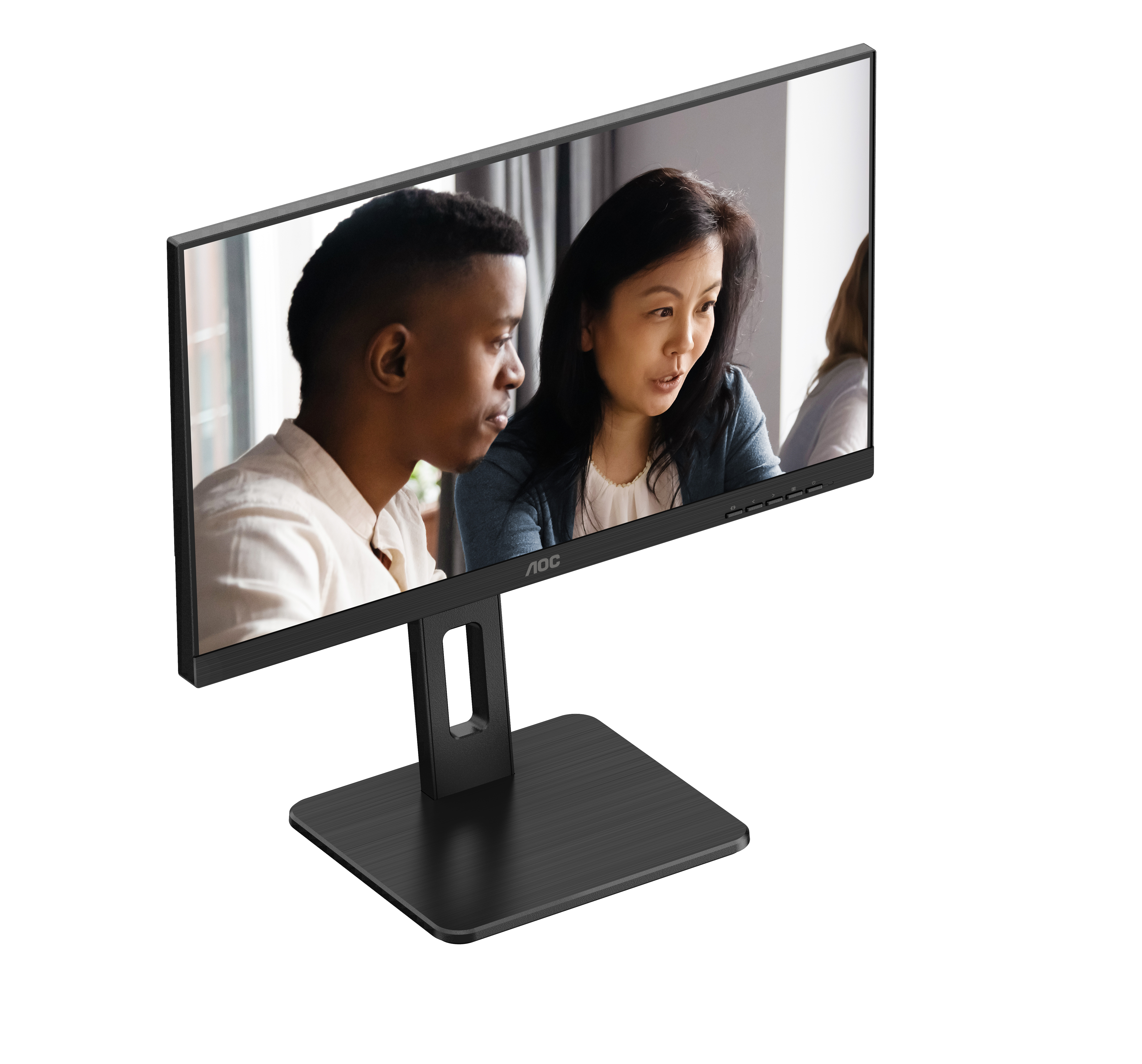 Monitor displays two people in a meeting. The monitor is black with a black stand. White background.