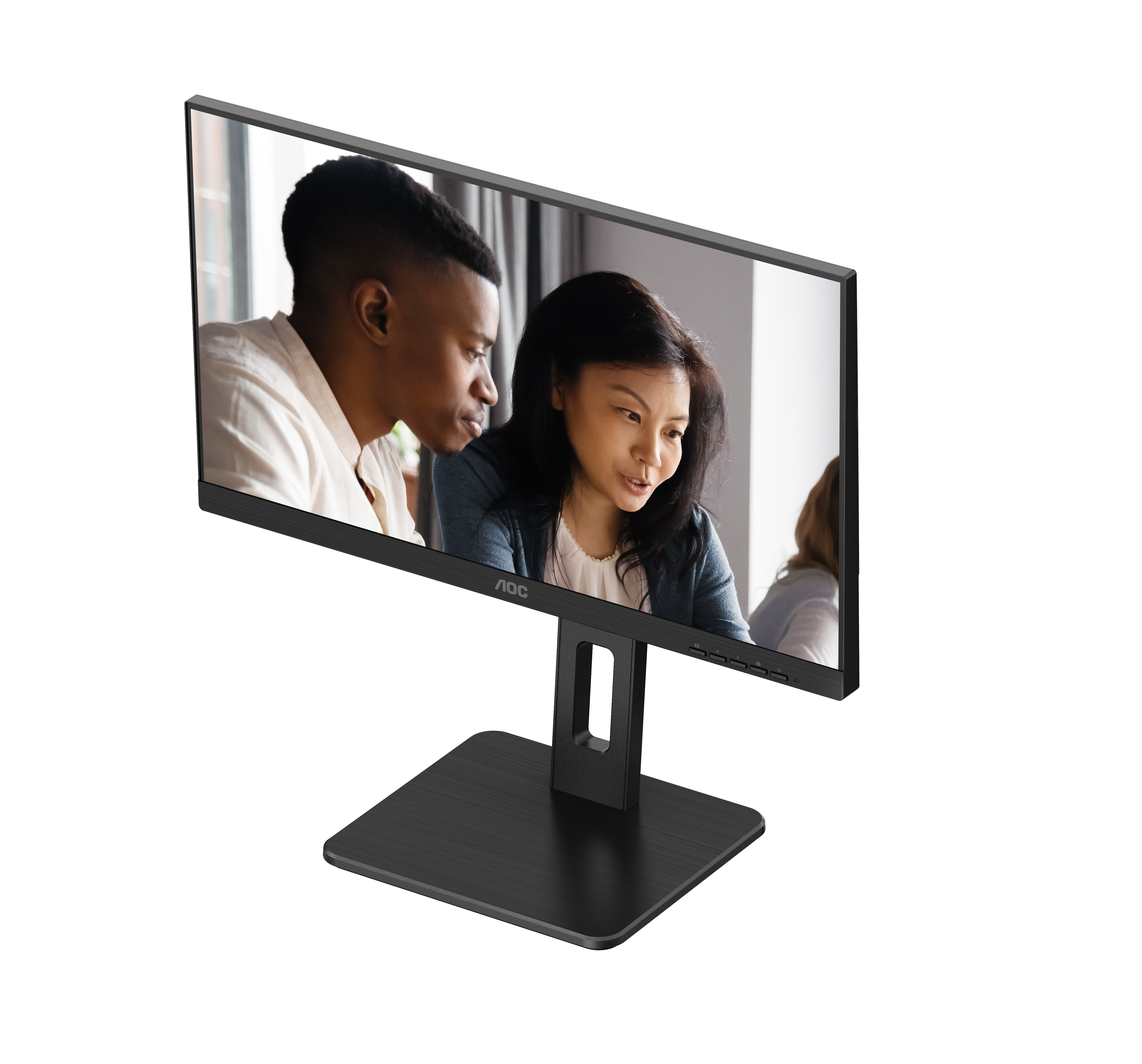 Two people look at a computer monitor showing a website with an AOC logo on the frame.