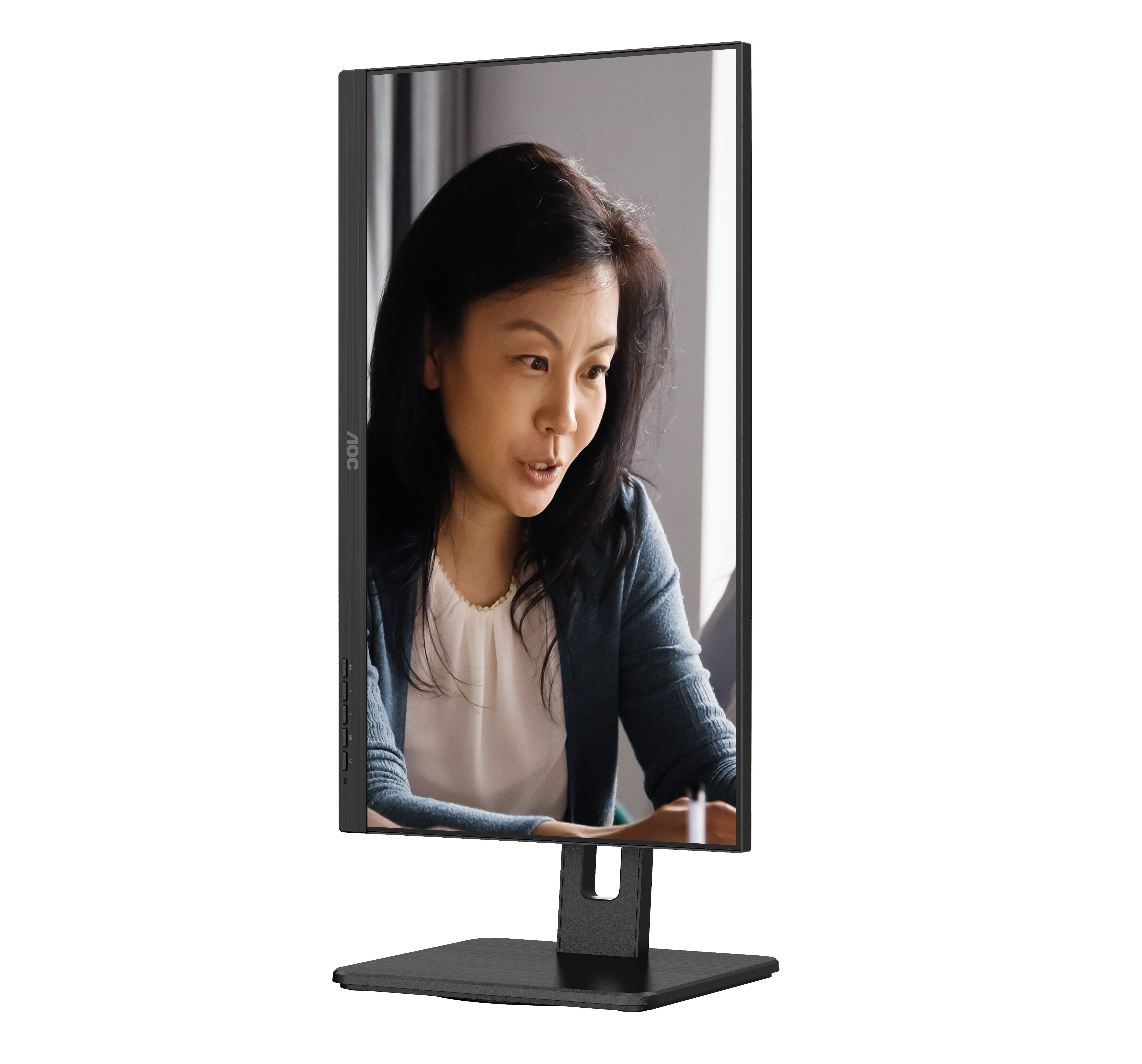 AOC monitor displays a woman working. The monitor is black with a black stand. The woman is Asian.