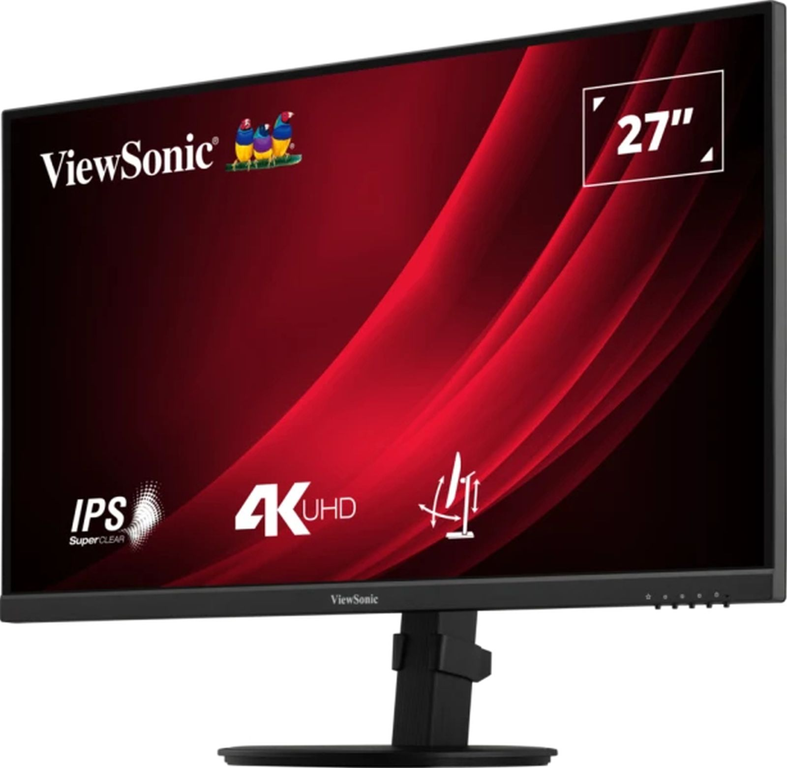 27-calowy monitor ViewSonic z czerwono-czarnym tłem.