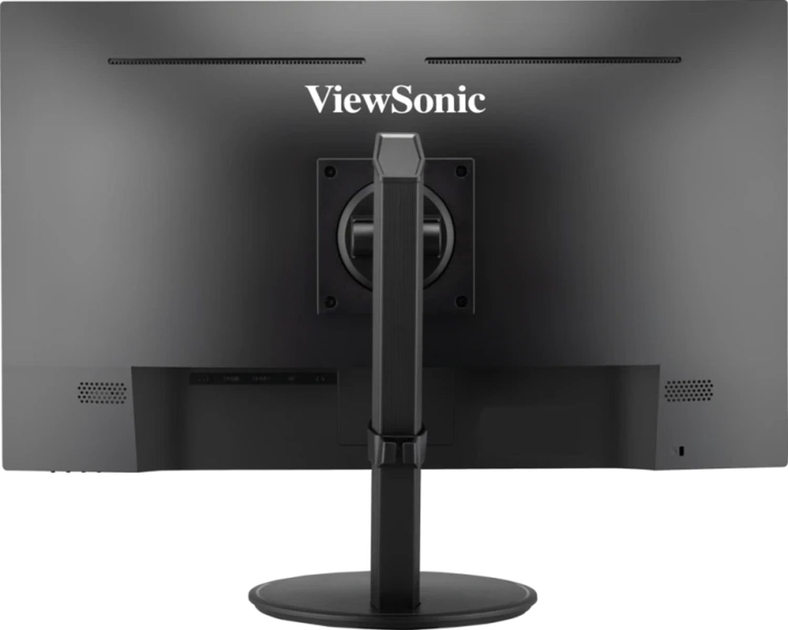Widok z tyłu czarnego monitora ViewSonic. Ma podstawę i porty połączeniowe.