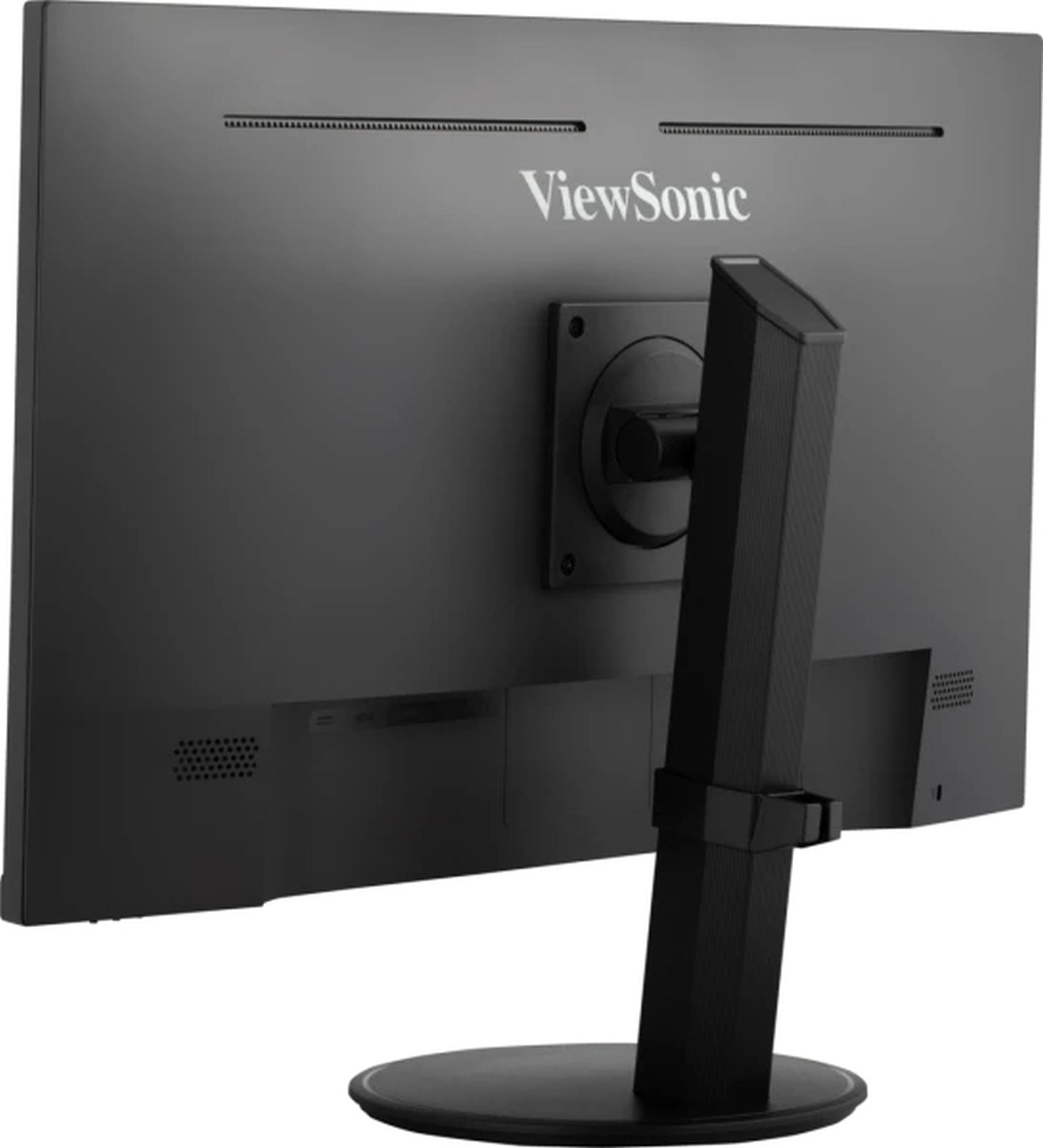 Widok z tyłu czarnego monitora ViewSonic ze stojakiem. Widoczne logo.