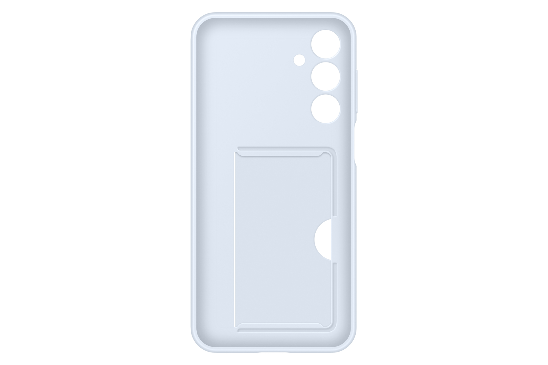 Lichtblauwe telefoonhoes, binnenaanzicht. Het heeft openingen voor de camera en de kaartsleuf.