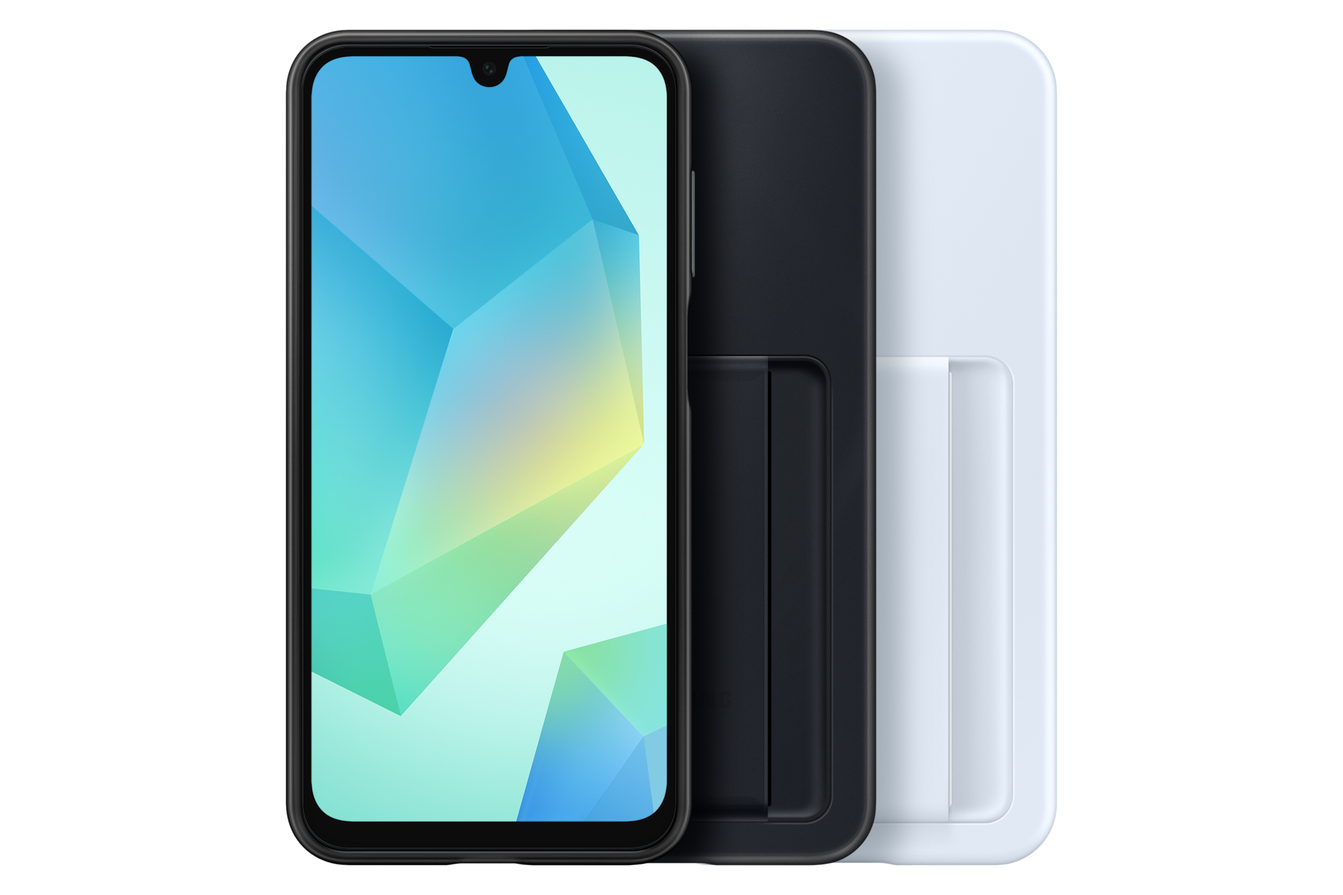 Een smartphone op een standaard. Het scherm toont een kleurrijke abstracte afbeelding en de standaard is zwart en wit.