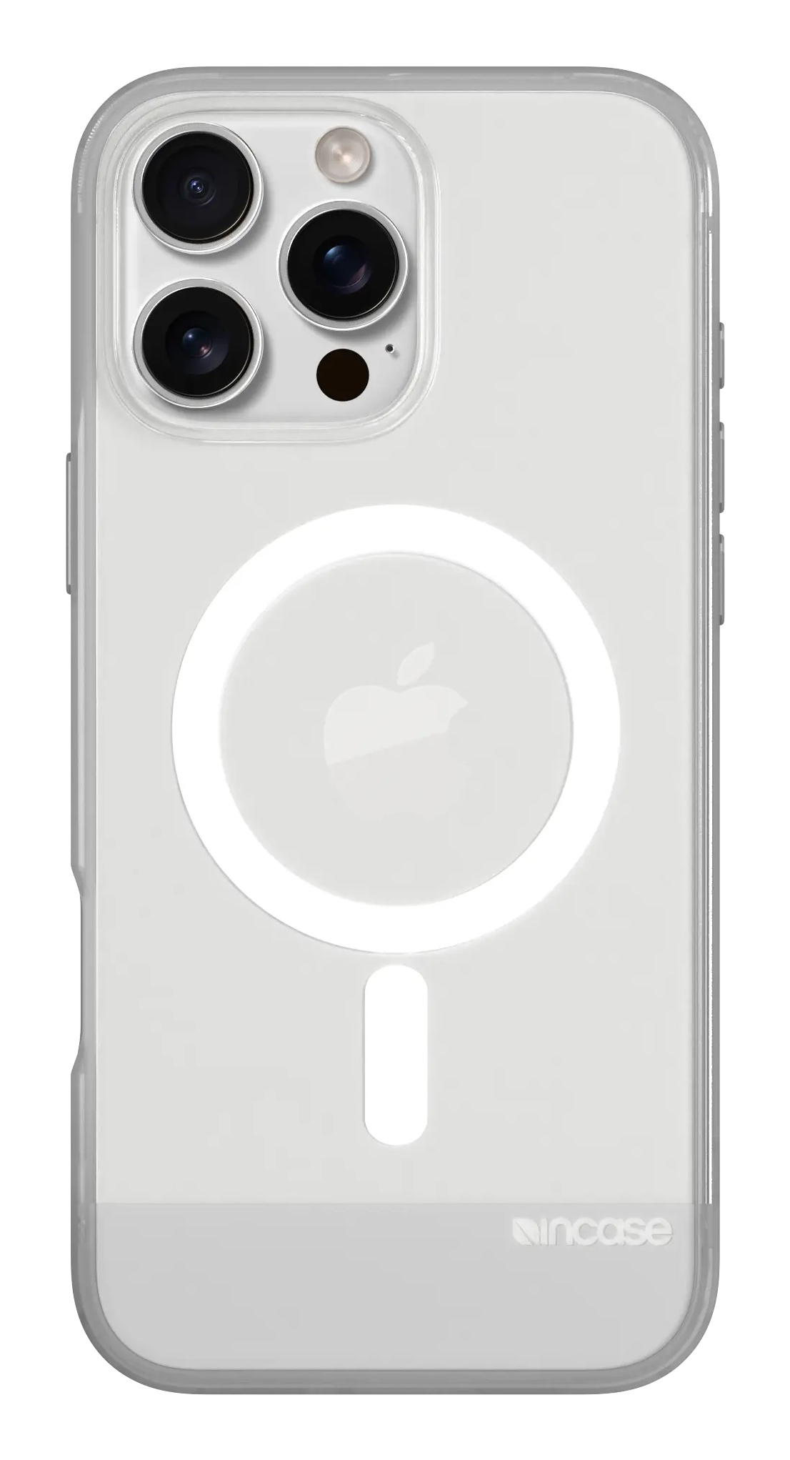 Custodia trasparente con cerchio bianco e logo Apple. Marchio Incase.