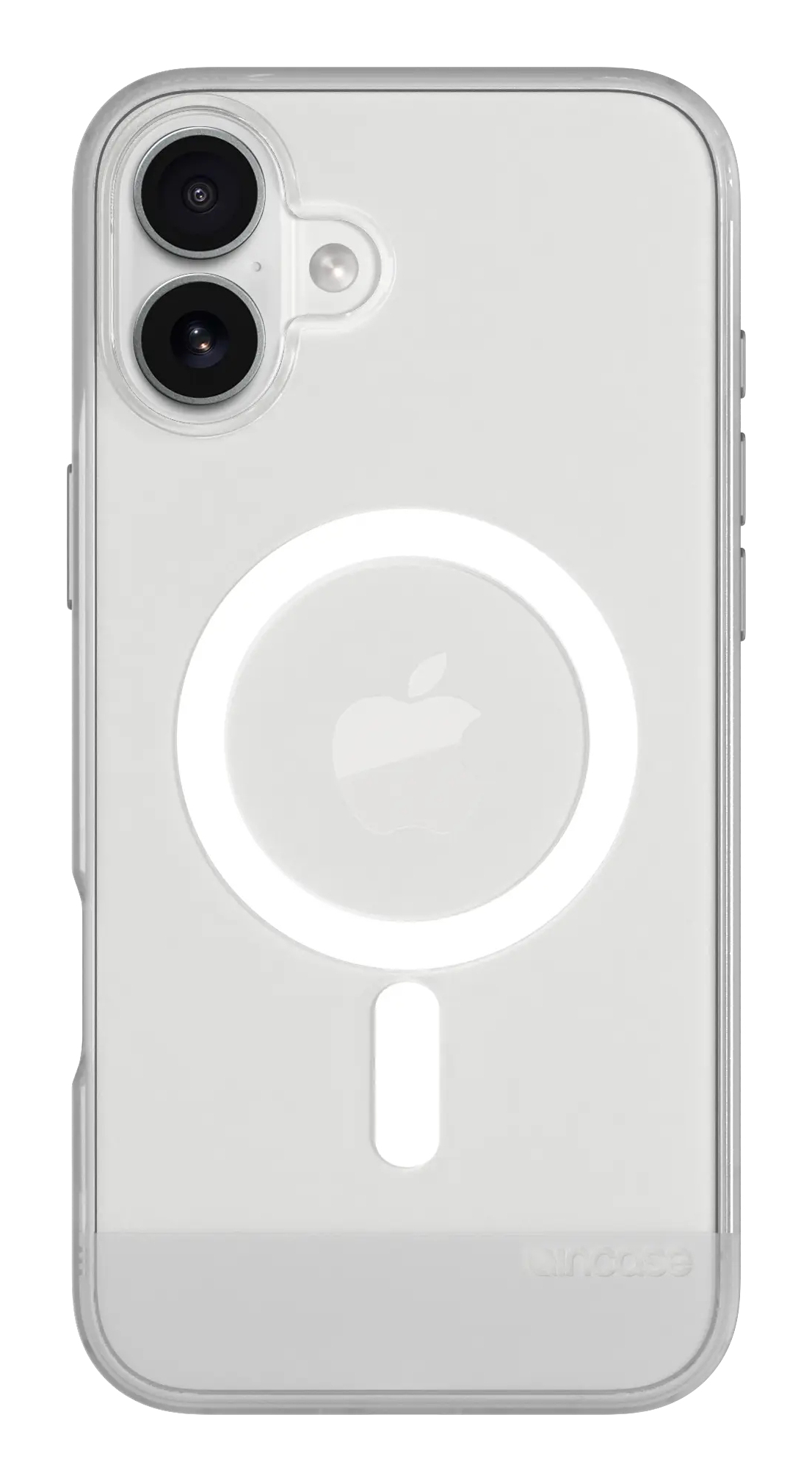 Custodia trasparente con logo Apple sul retro e base grigia.
