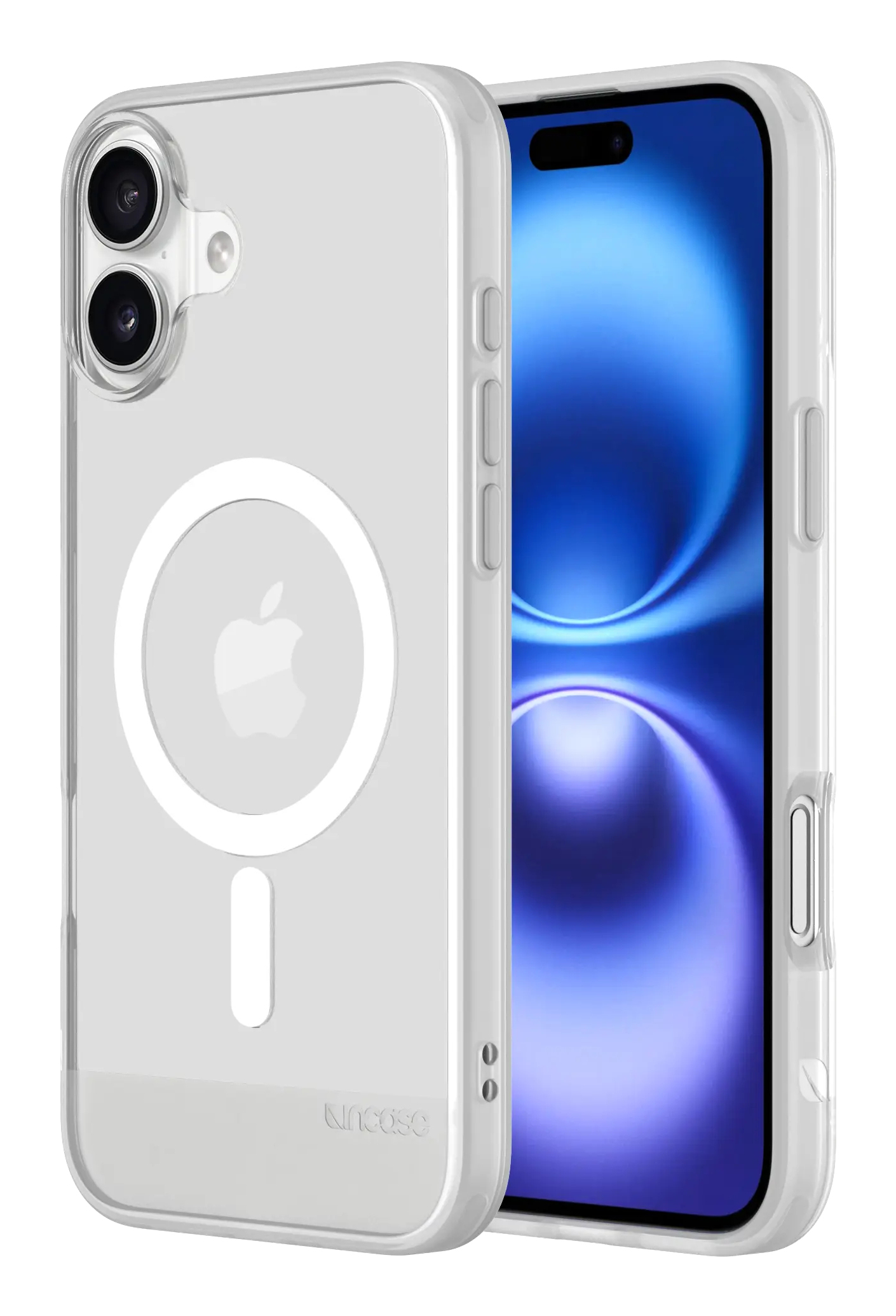 Custodia trasparente con un telefono all'interno. Il telefono ha un cerchio bianco e un logo Apple.