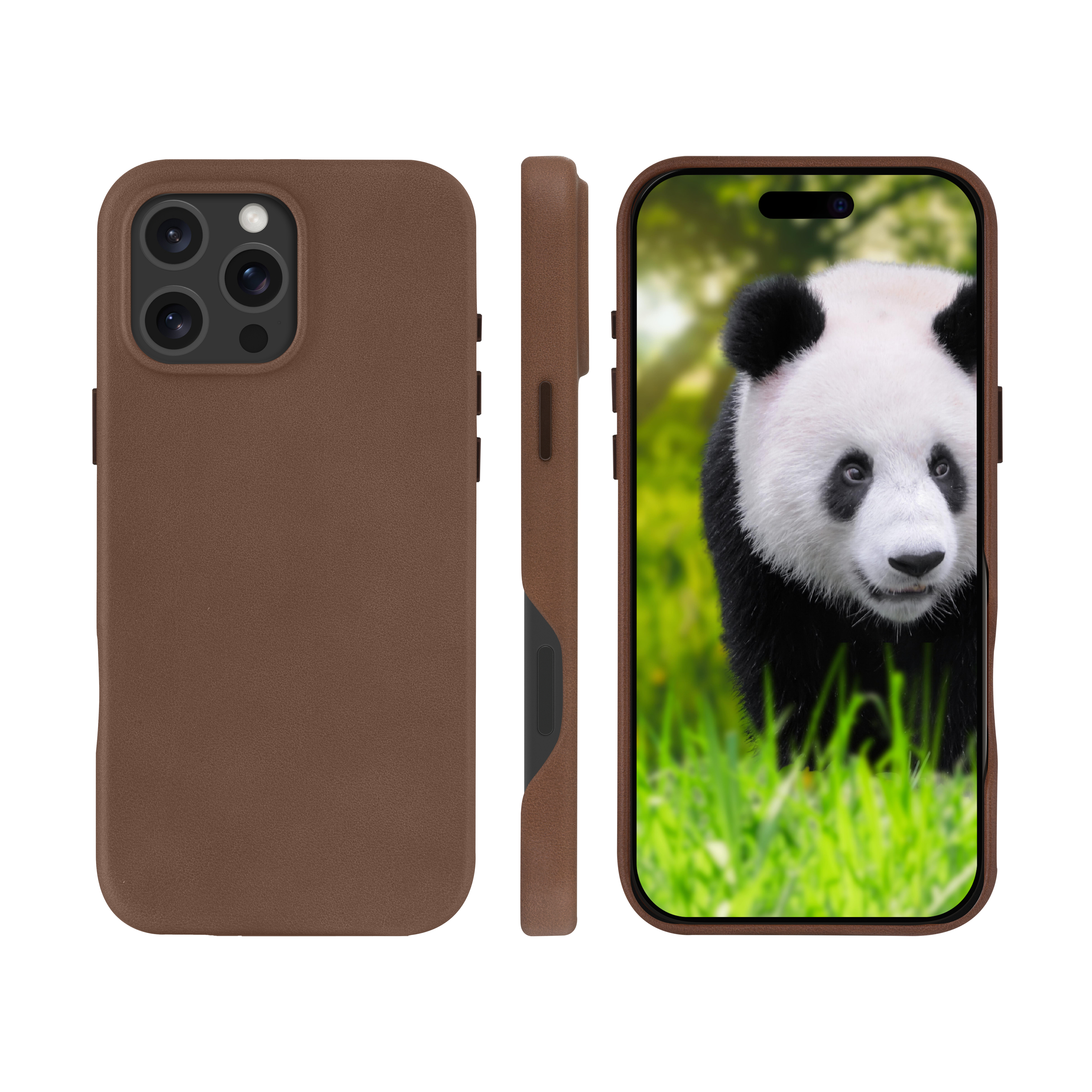 Custodia per telefono con immagine di panda, vista laterale e frontale. La custodia è marrone.